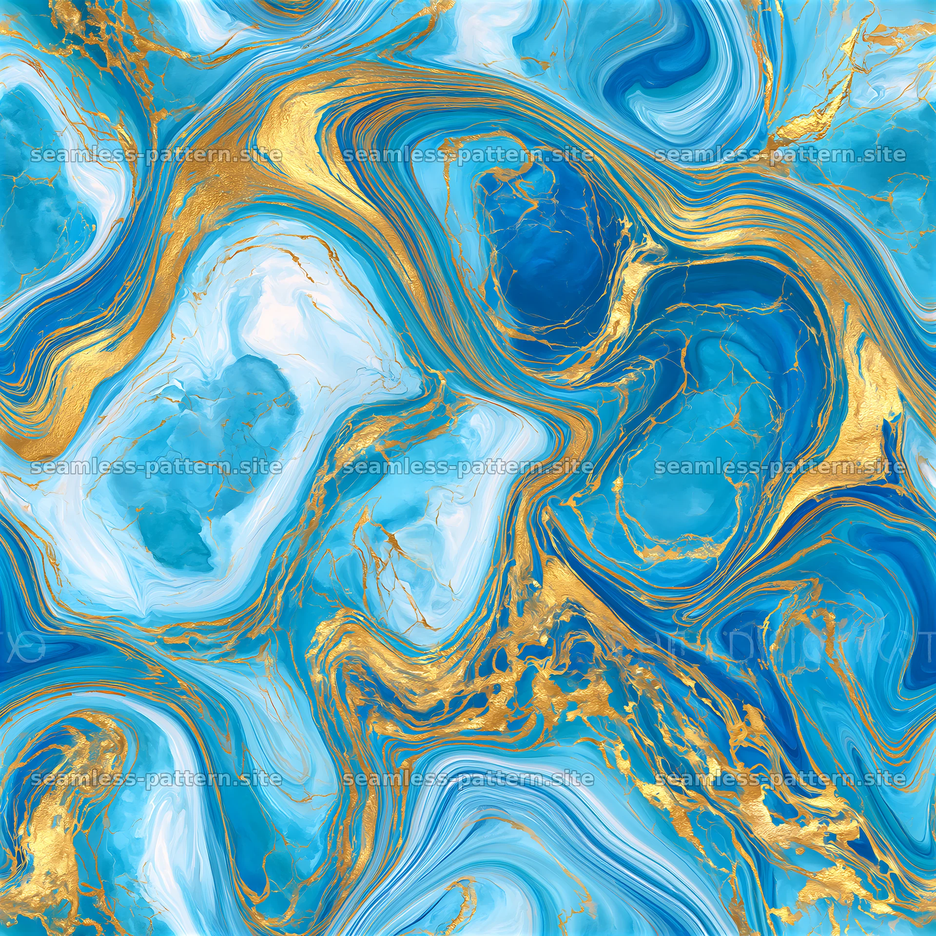 Seamless watercolor marble pattern with gold veins on blue background — seamless tileable pattern at 8192x8192