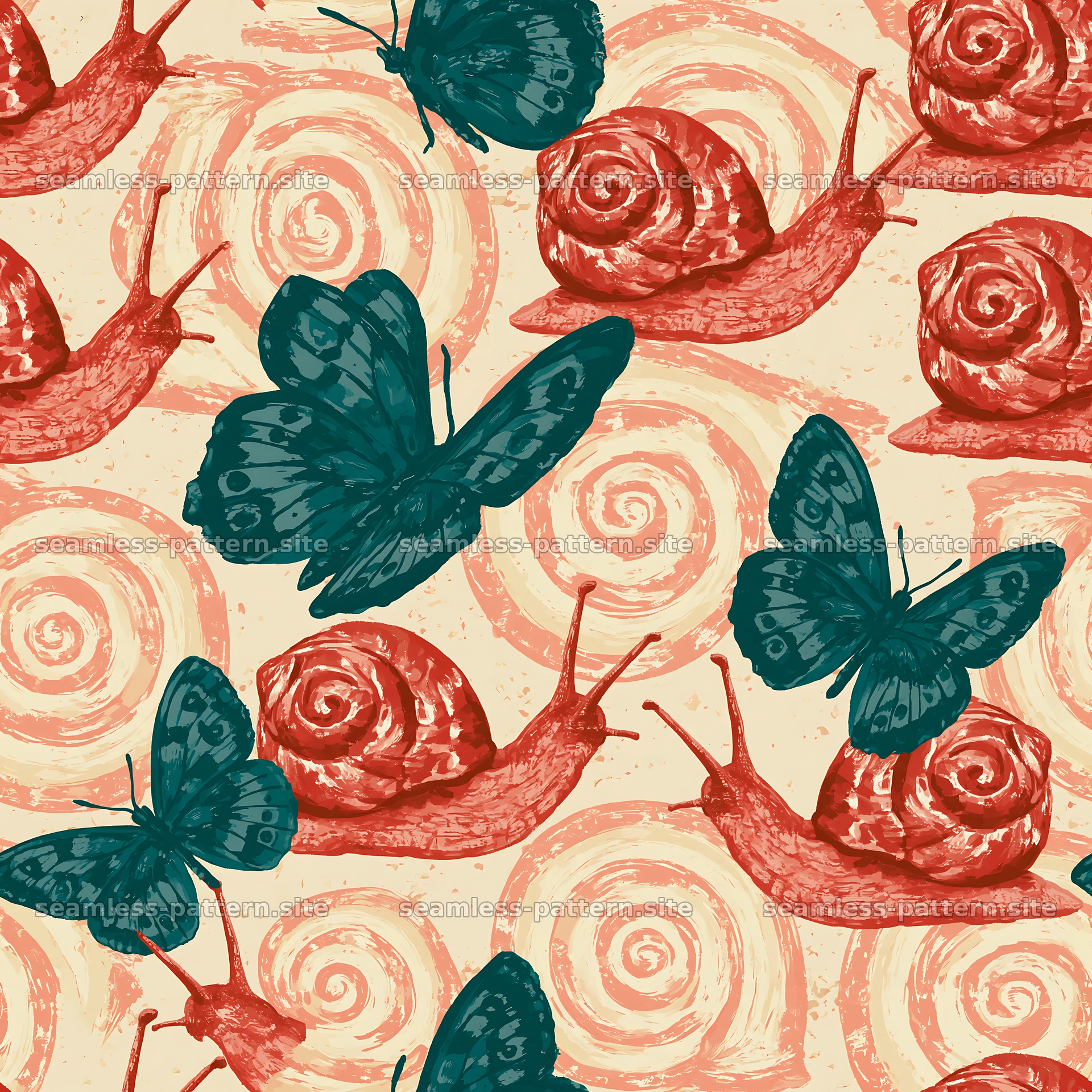 Red snail pattern with butterflies, repeating pattern — seamless tileable pattern