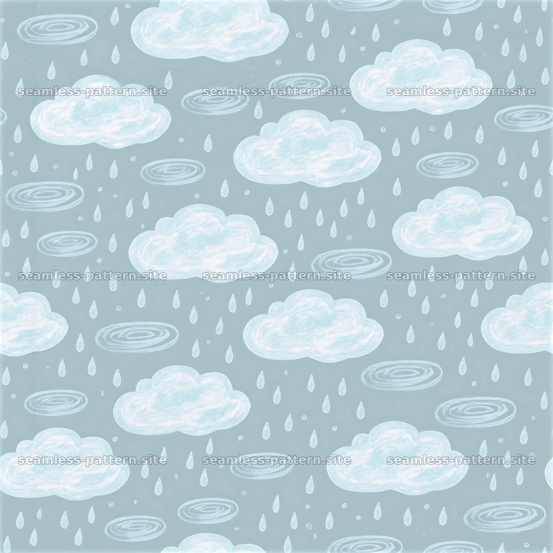 Cute rain cloud seamless pattern with raindrops on a light background — seamless tileable pattern at 8192x8192