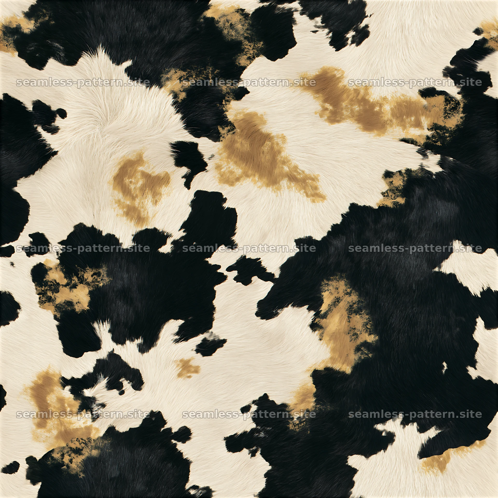 Seamless farmhouse cowhide texture with black and white spots — seamless tileable pattern at 8192x8192