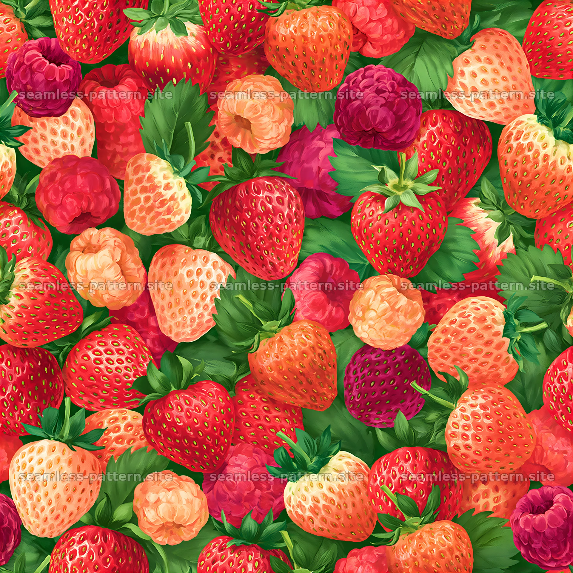 Colorful strawberries seamless pattern across a green background — seamless tileable pattern at 8192x8192
