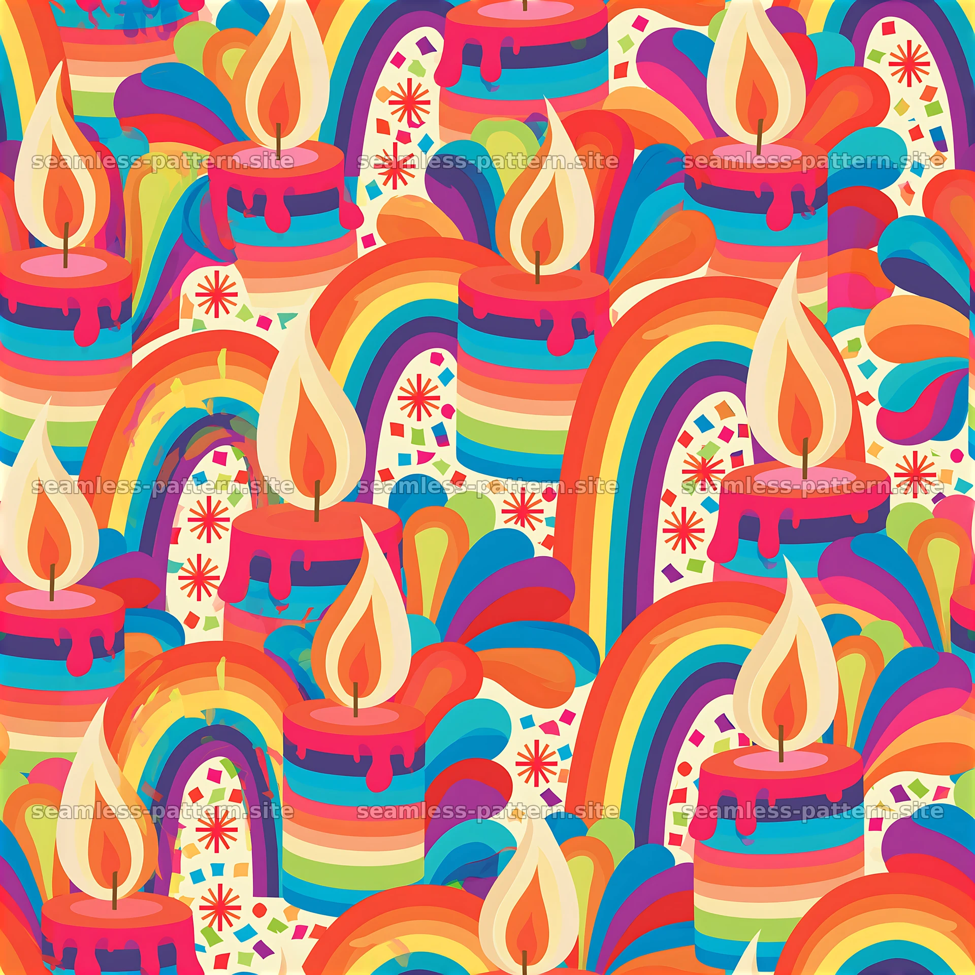 Colorful seamless pattern with candles and rainbows — seamless tileable pattern at 8192x8192