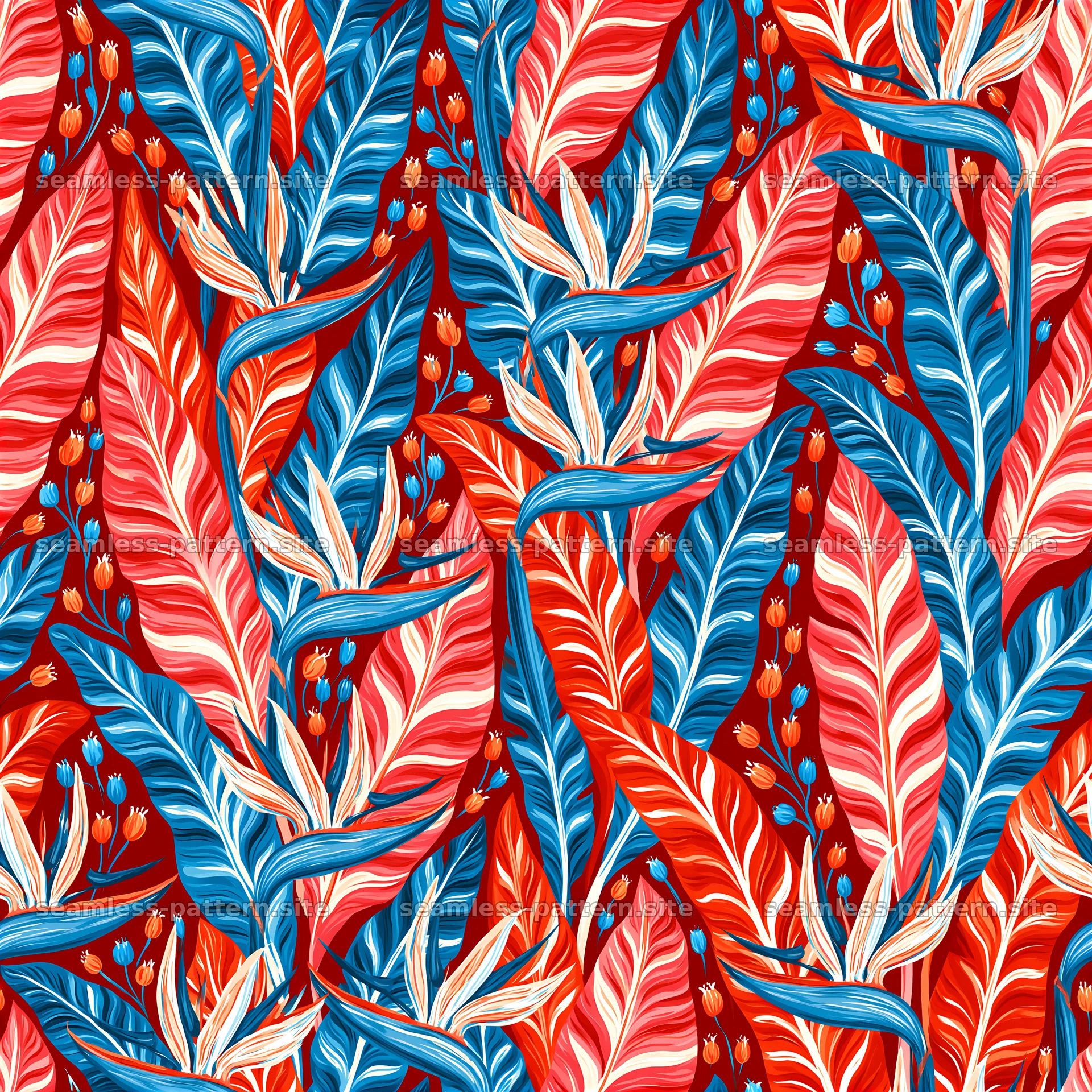 Colorful tropical leaf and flower seamless pattern — seamless tileable pattern at 8192x8192