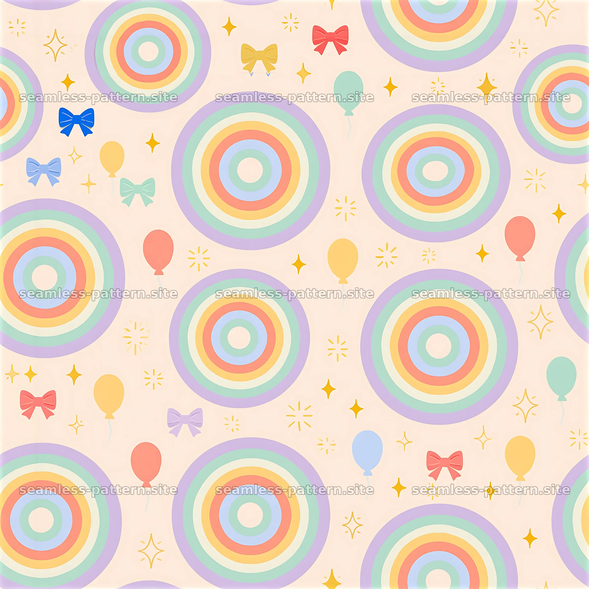 Birthday rainbow pastel seamless pattern with balloons and bows — seamless tileable pattern at 8192x8192