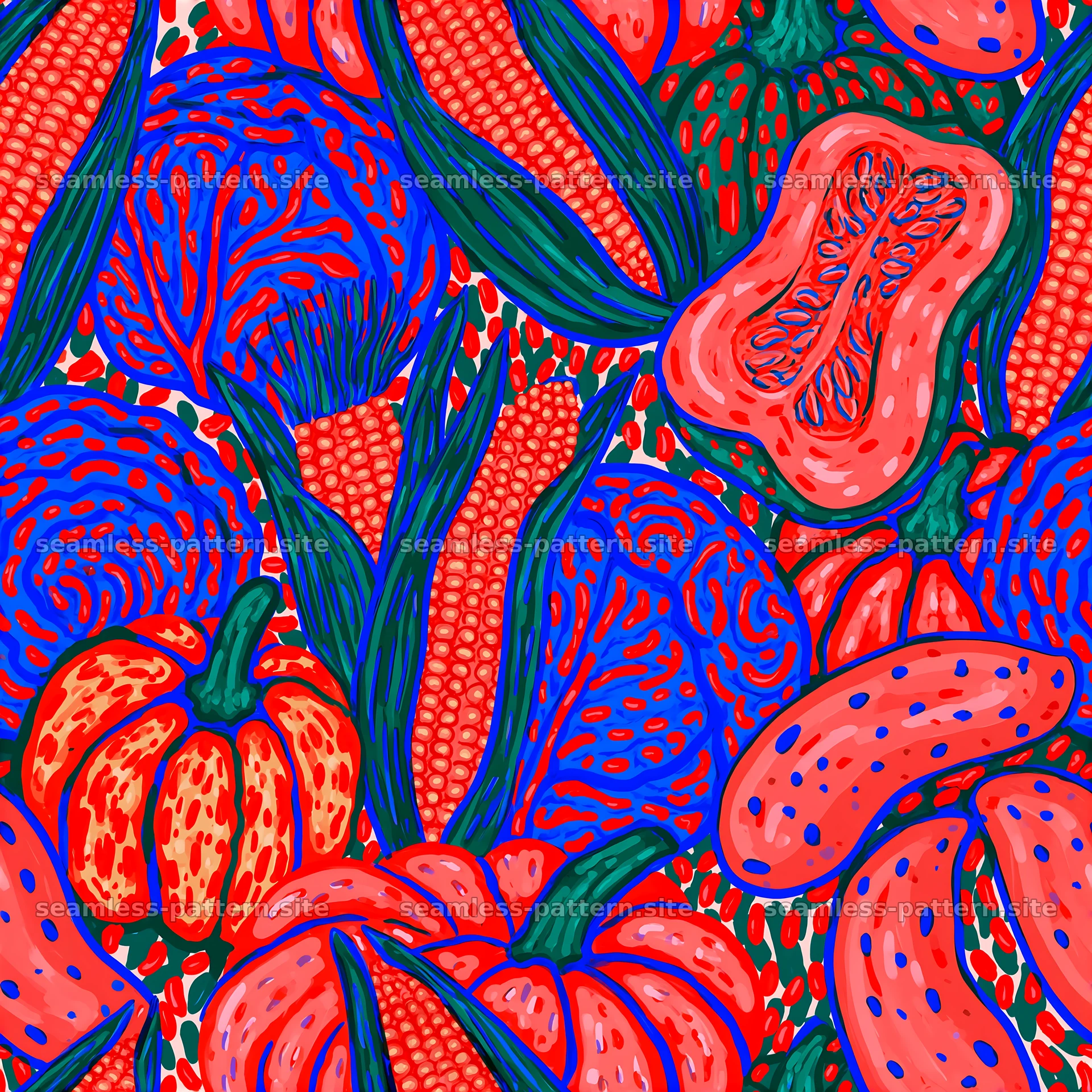 Colorful Vegetable Seamless Pattern with Tomatoes and Peppers — seamless tileable pattern at 8192x8192