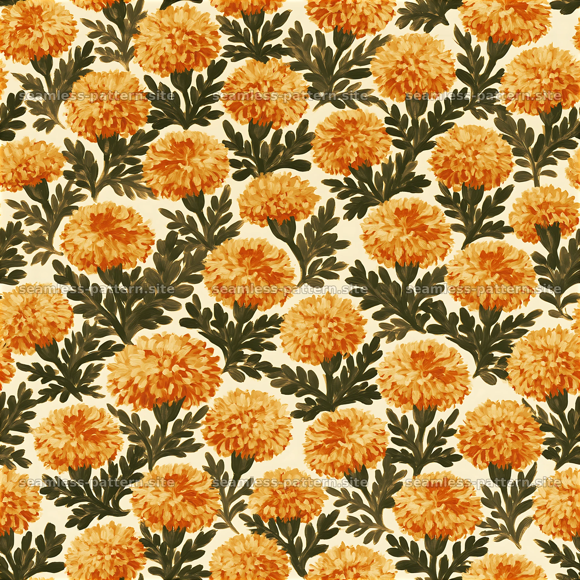 Marigold repeat pattern with green leaves and cream background — seamless tileable pattern at 8192x8192