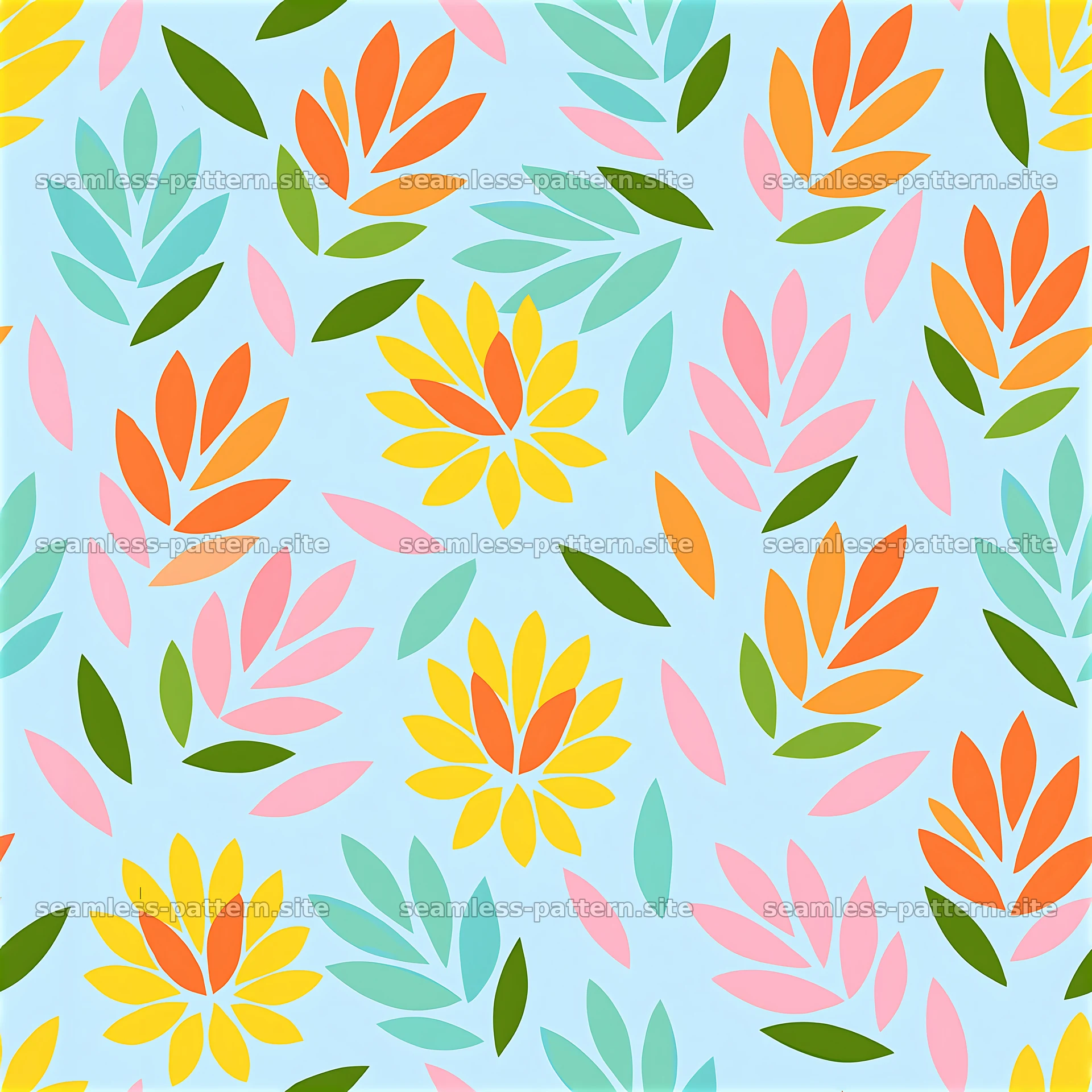 Colorful leaf seamless pattern for kids with bright leaves on blue background — seamless tileable pattern at 8192x8192
