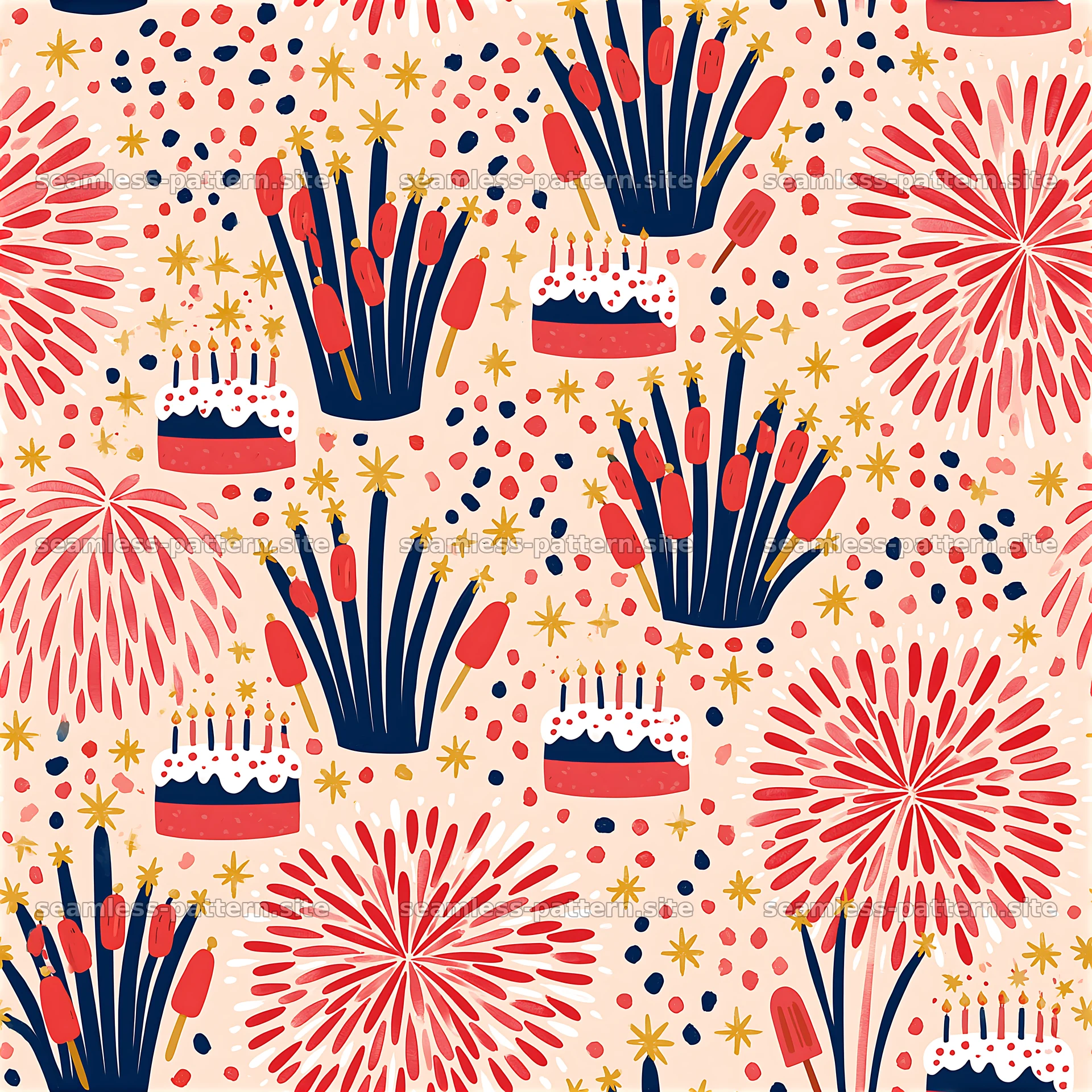 Colorful seamless pattern with cakes and fireworks for celebrations — seamless tileable pattern at 8192x8192