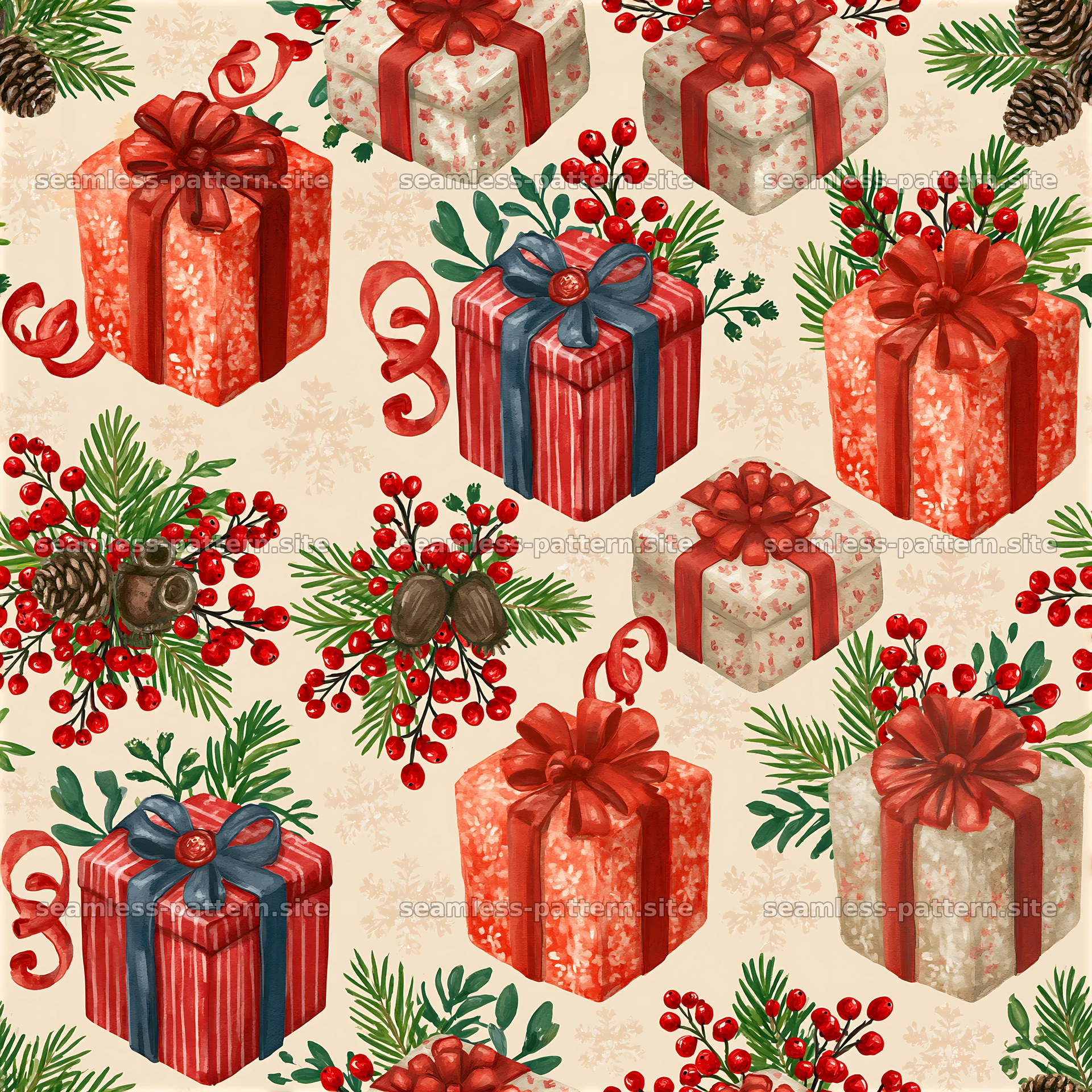 Tileable pattern with festive wrapped presents and seasonal decorations — seamless tileable pattern at 8192x8192