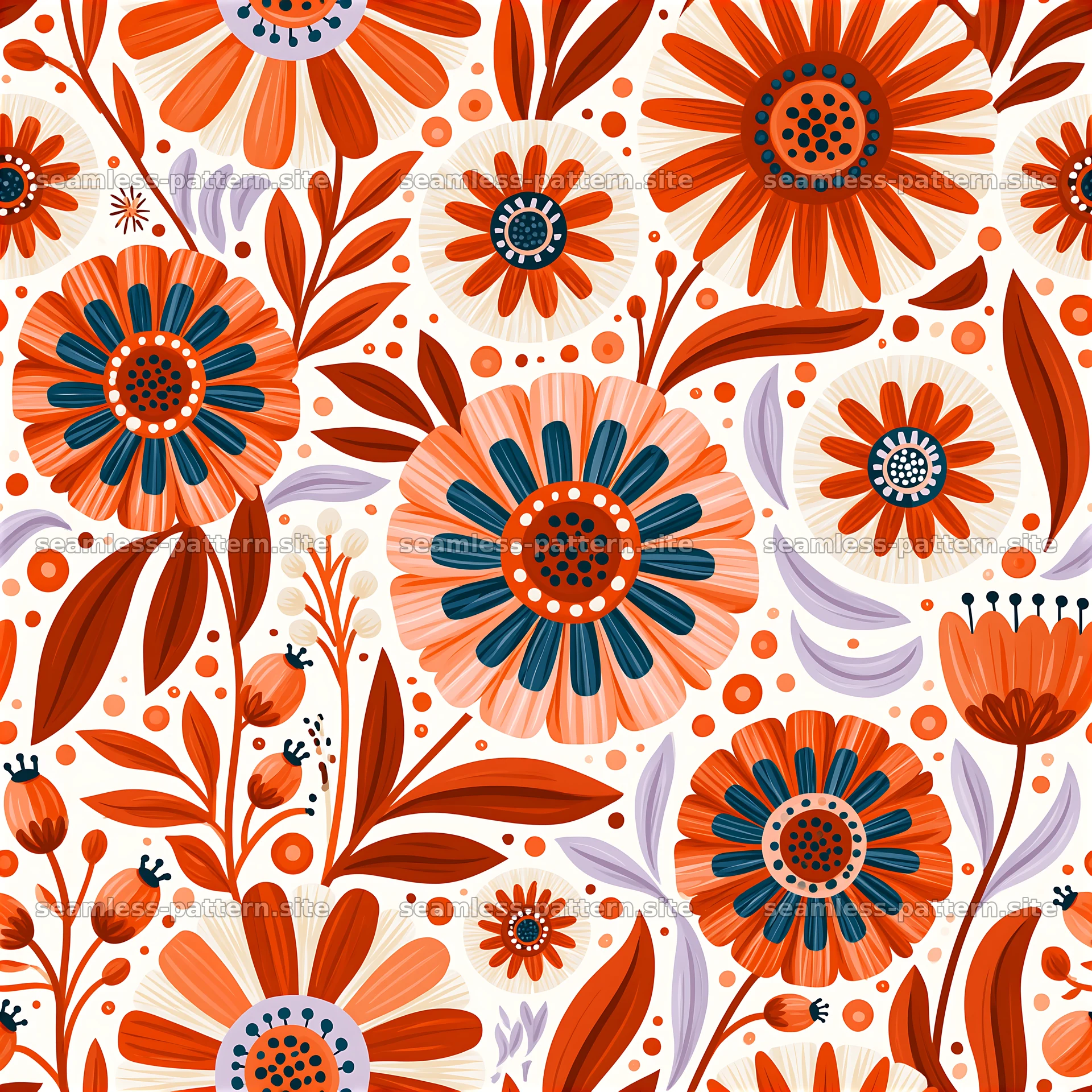 Floral design with colorful flowers and leaves in a seamless pattern — seamless tileable pattern at 8192x8192