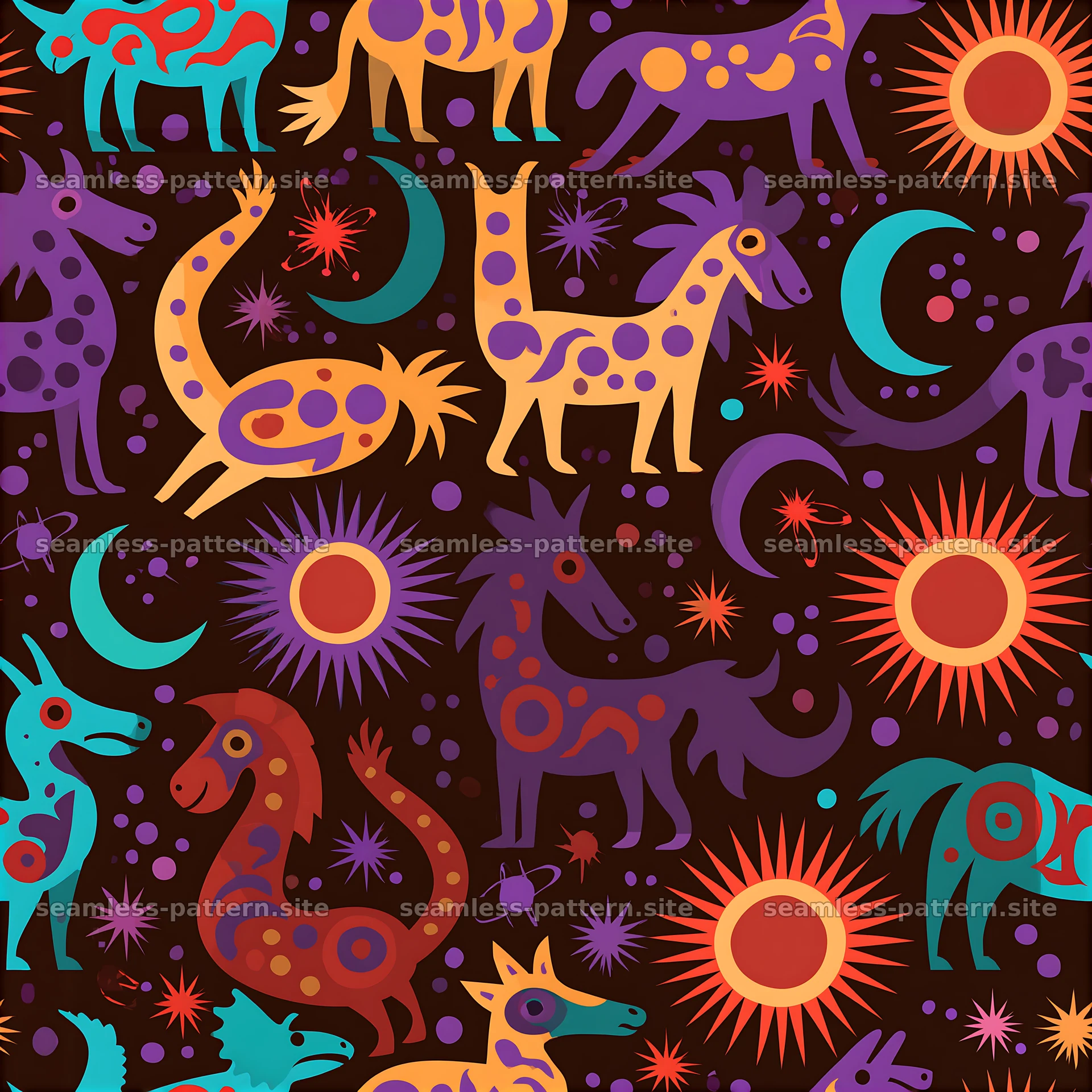 Colorful astrology animal and celestial seamless pattern — seamless tileable pattern at 8192x8192