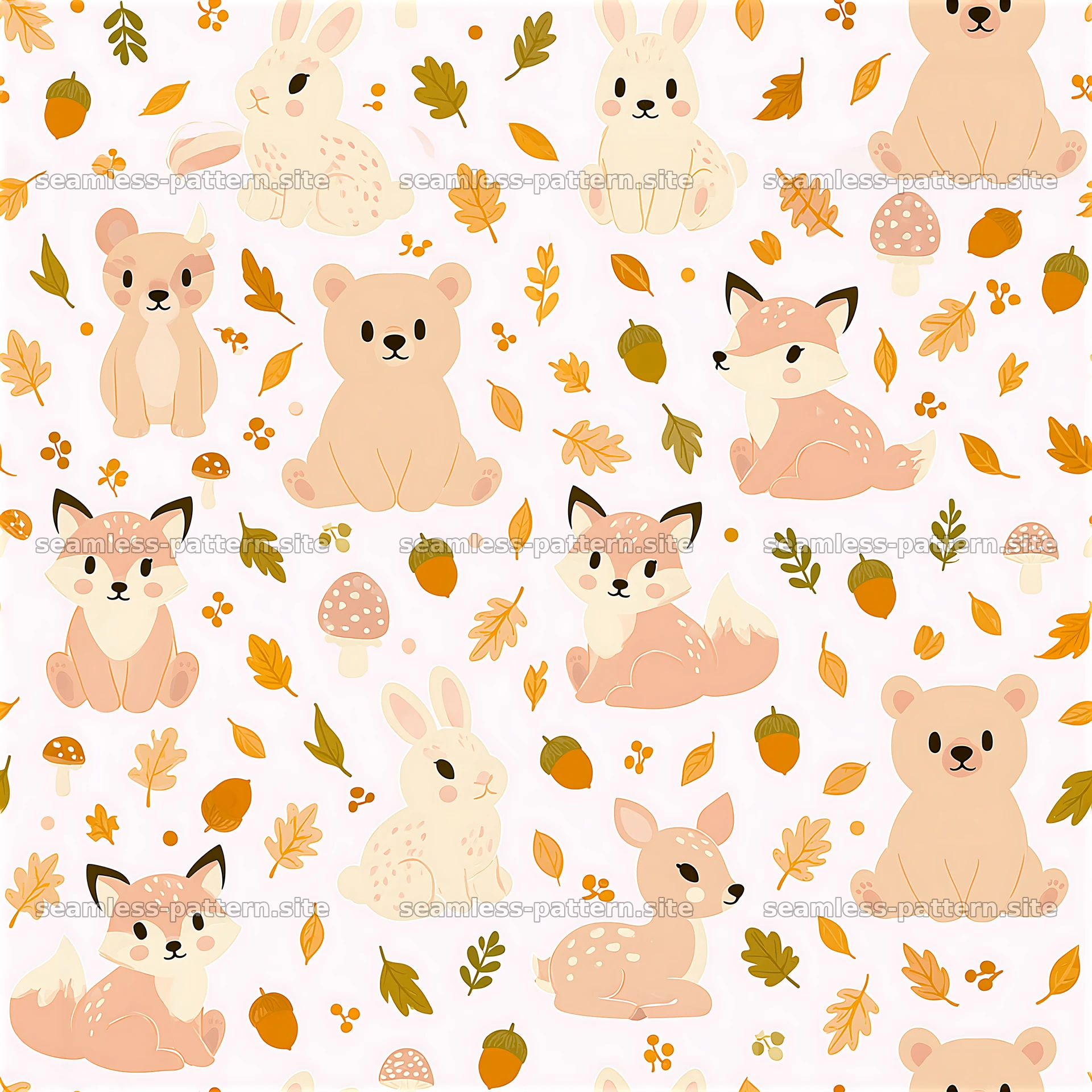 Cute baby animals in a playful pattern with autumn leaves — seamless tileable pattern at 8192x8192