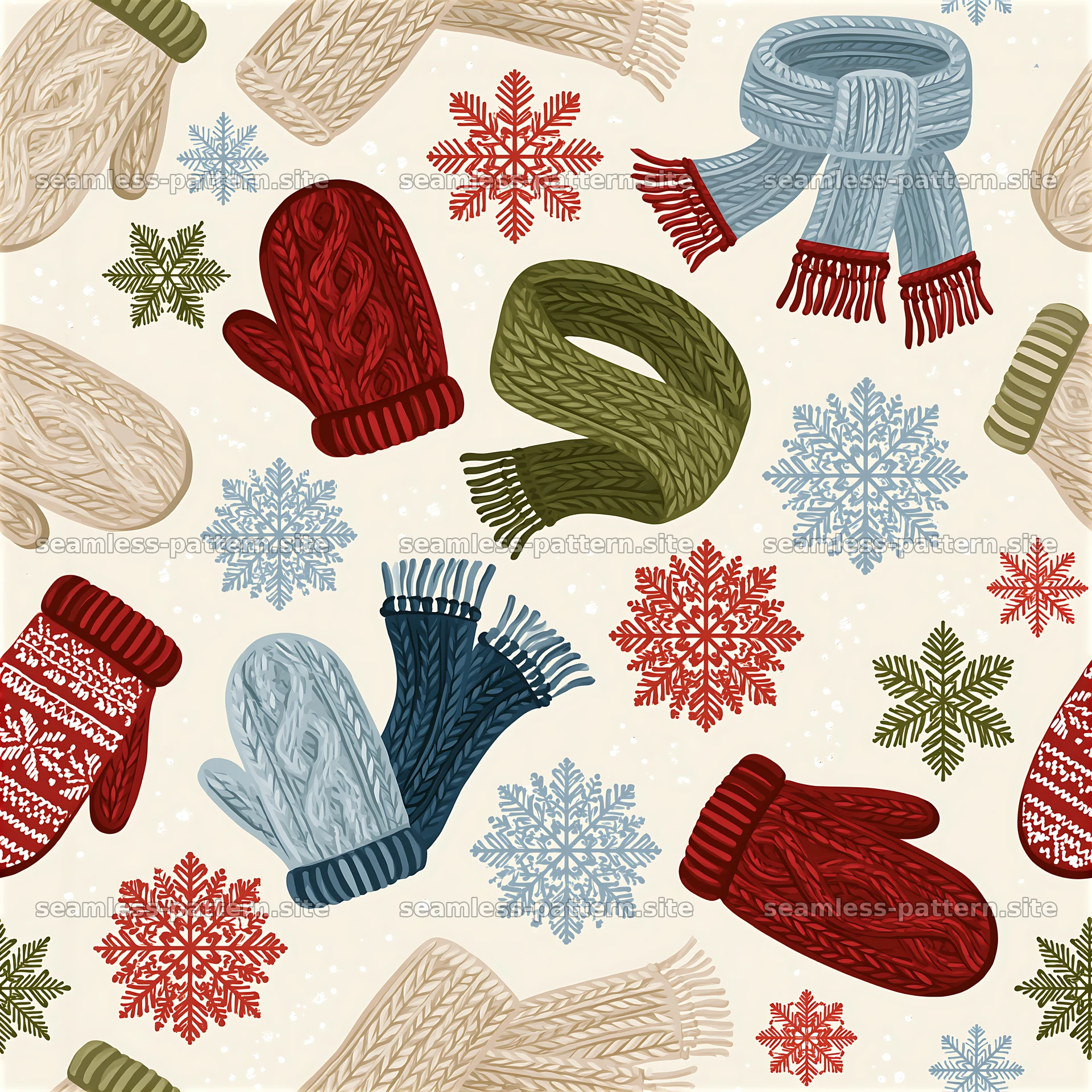 Cozy winter gloves, scarves, and snowflakes seamless pattern — seamless tileable pattern at 8192x8192