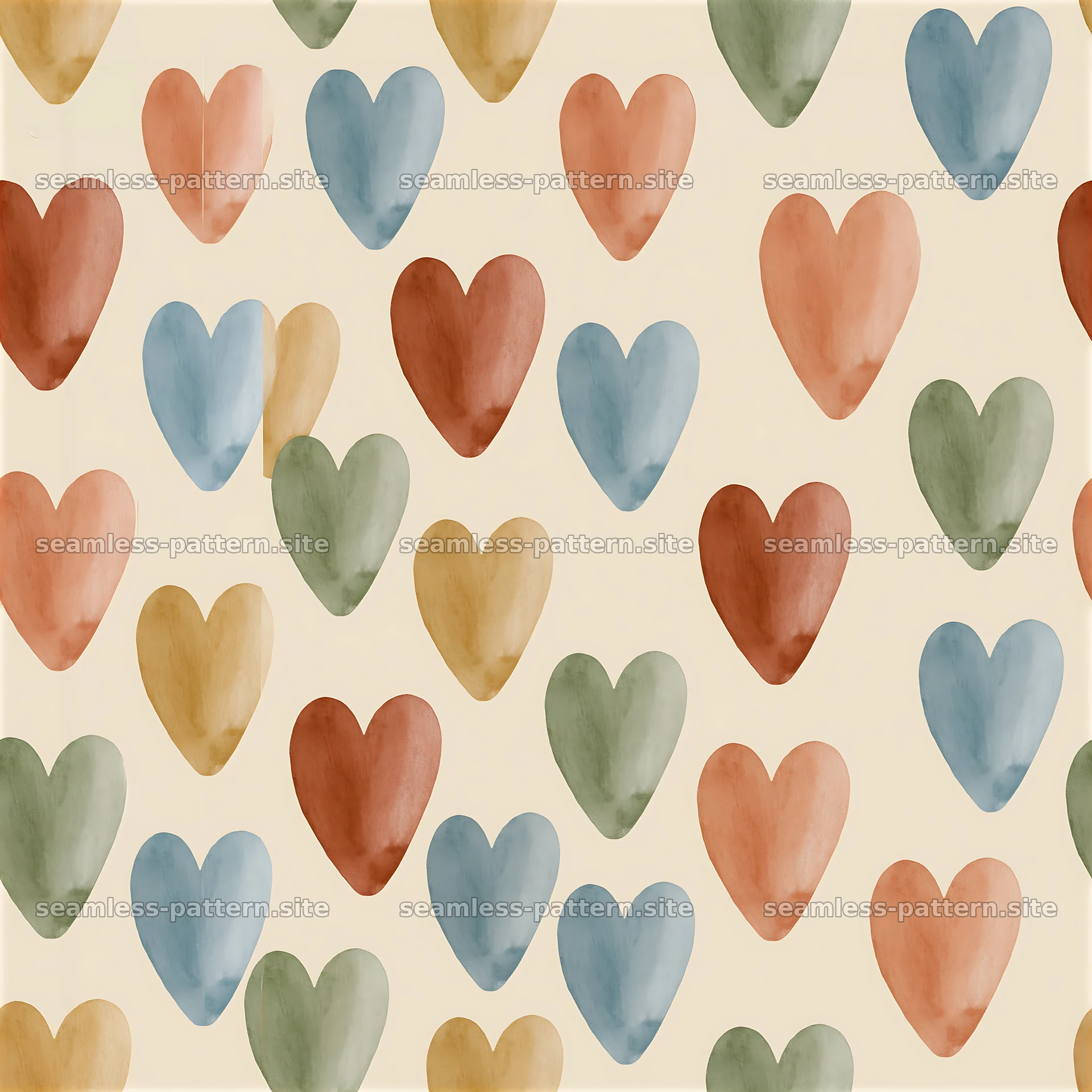 Seamless watercolor heart pattern on light background with varied colors — seamless tileable pattern at 8192x8192