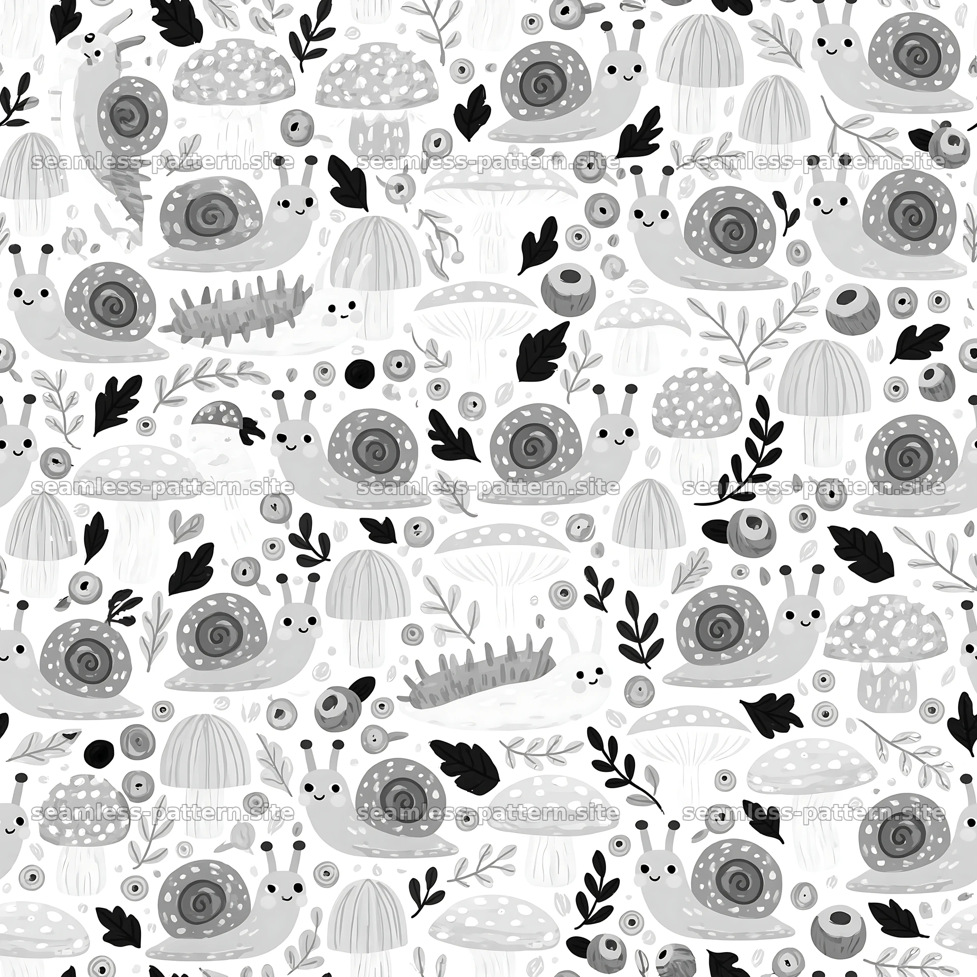 Cute black and white snails and mushrooms pattern — seamless tileable pattern