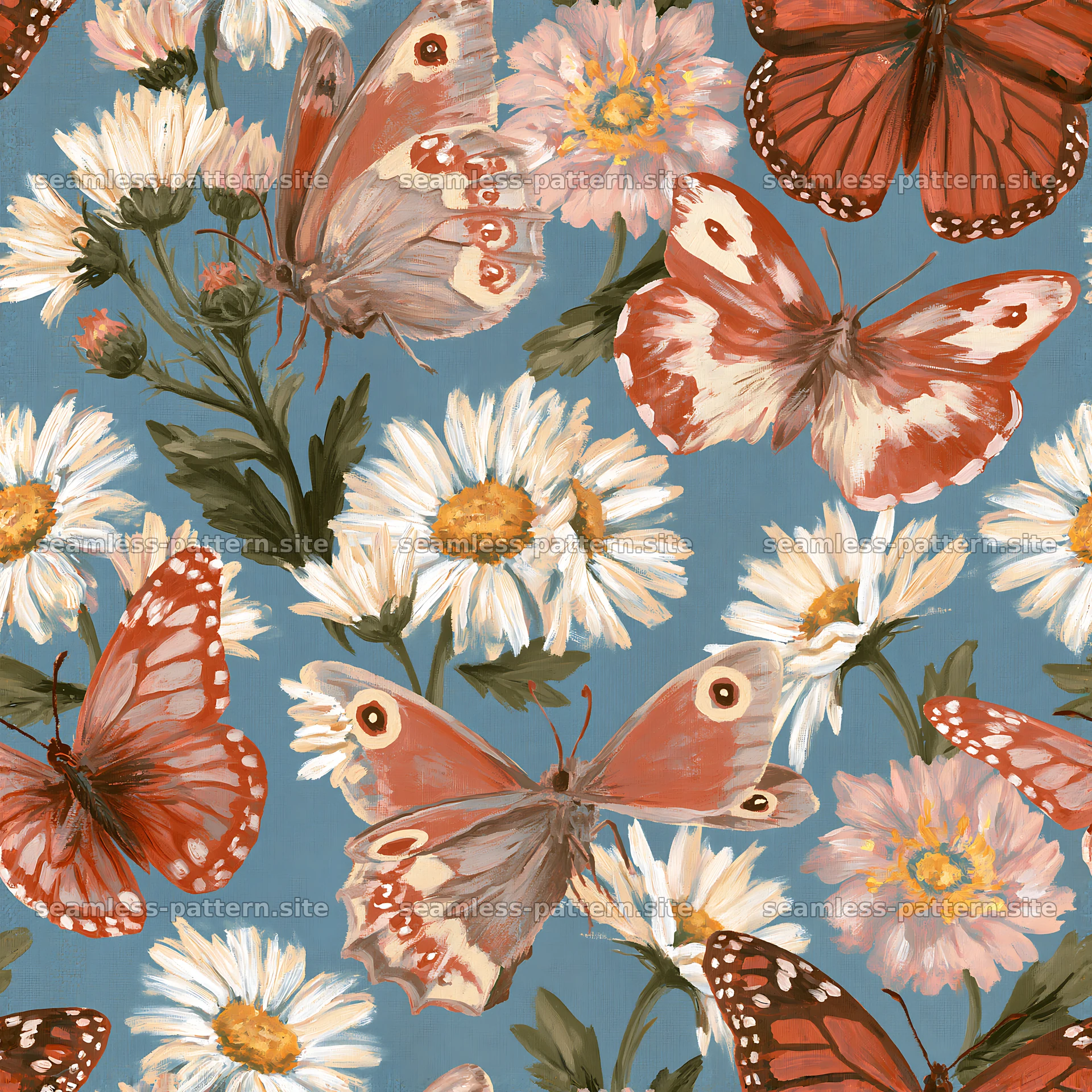 Butterfly and daisy seamless pattern in soft colors — seamless tileable pattern