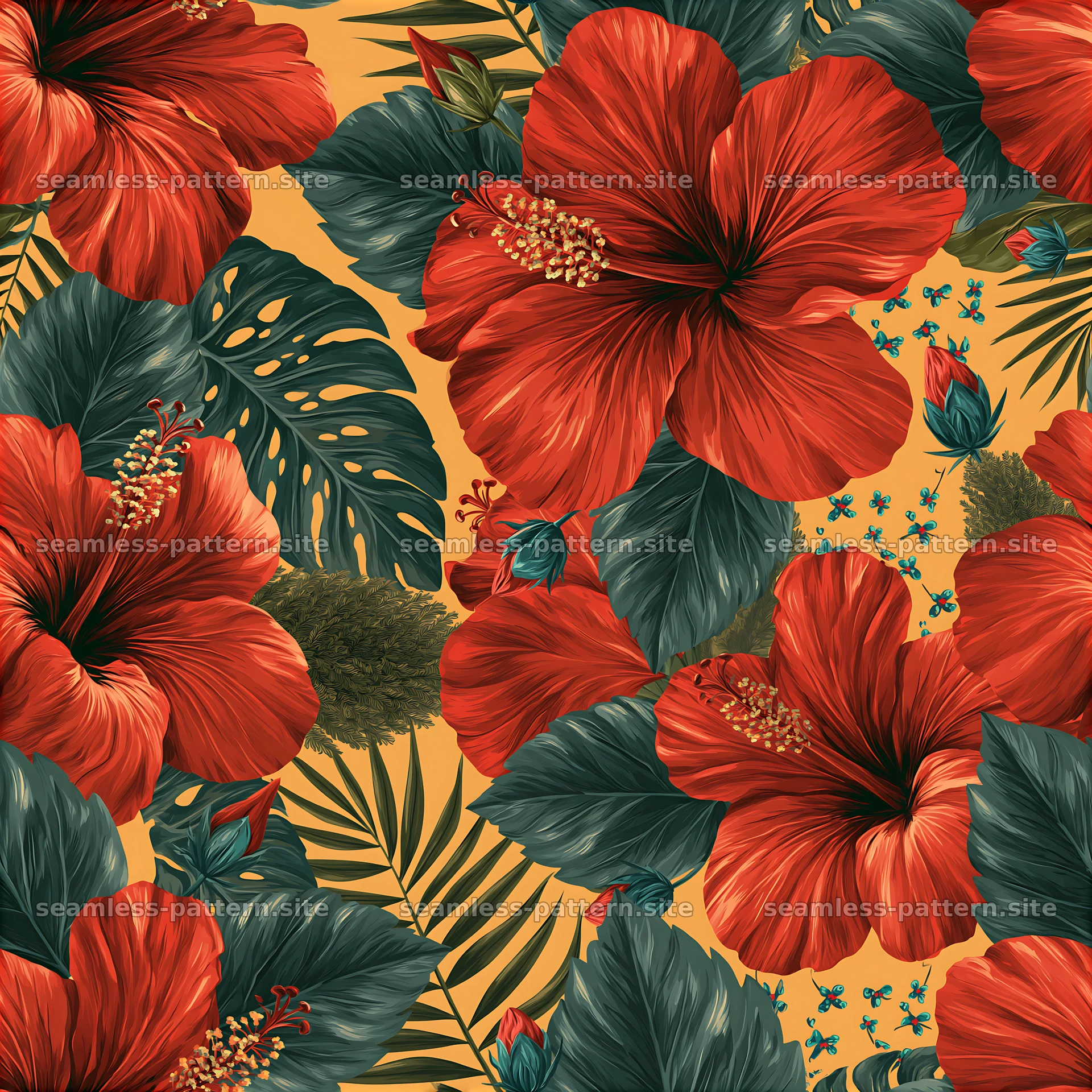 Vibrant floral seamless pattern with hibiscus and tropical leaves — seamless tileable pattern at 8192x8192