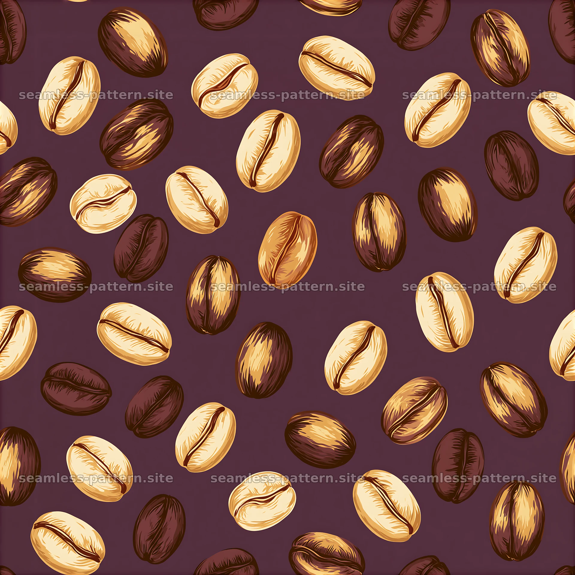 Seamless coffee bean pattern on a rich background — seamless tileable pattern at 8192x8192