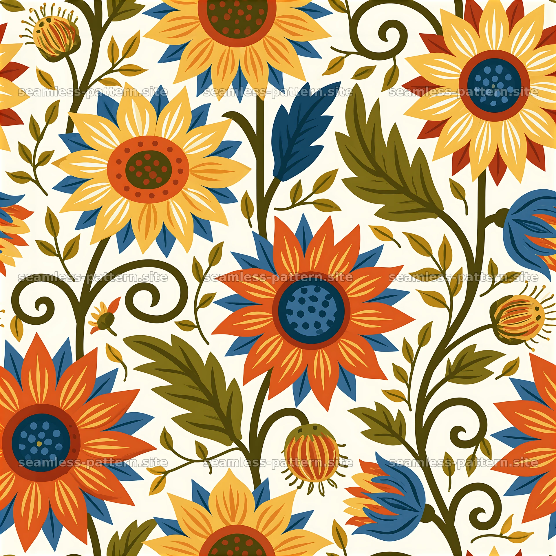 Colorful Folk Art Sunflower Floral Seamless Pattern — seamless tileable pattern at 8192x8192