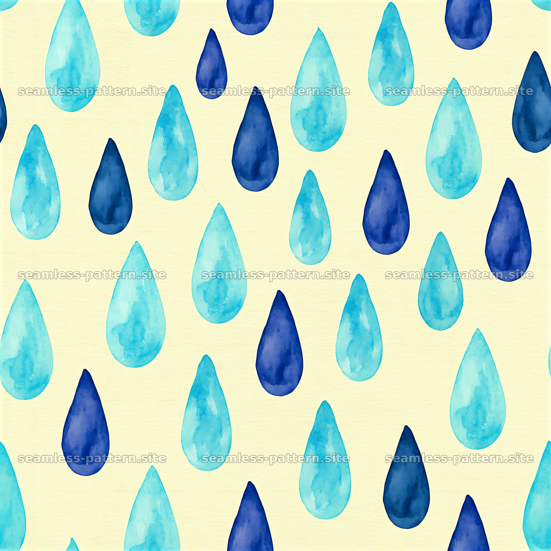 Seamless watercolor raindrop pattern with blue and yellow elements — seamless tileable pattern at 8192x8192