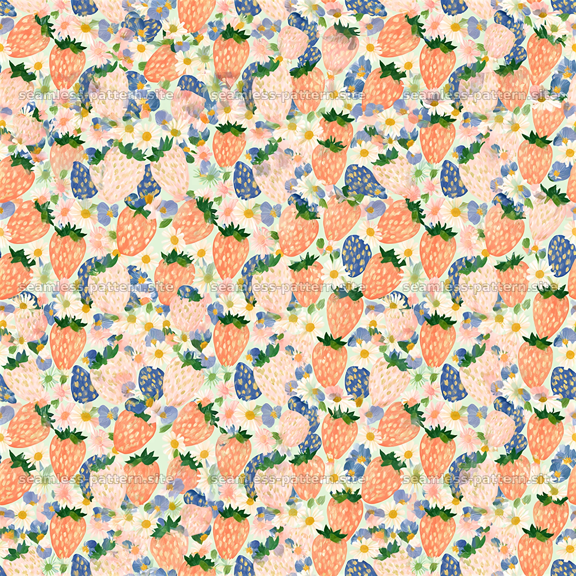 Colorful Strawberry and Floral Seamless Pattern — seamless tileable pattern at 8192x8192