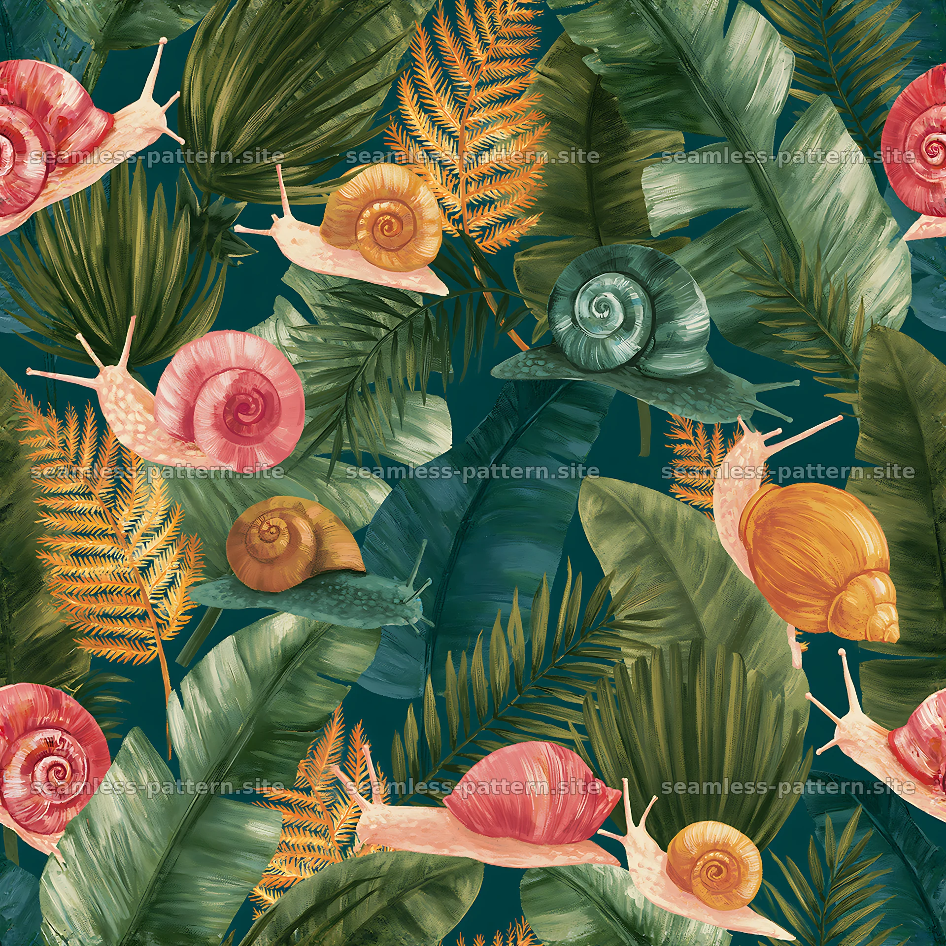 Whimsical snails and foliage seamless pattern design — seamless tileable pattern