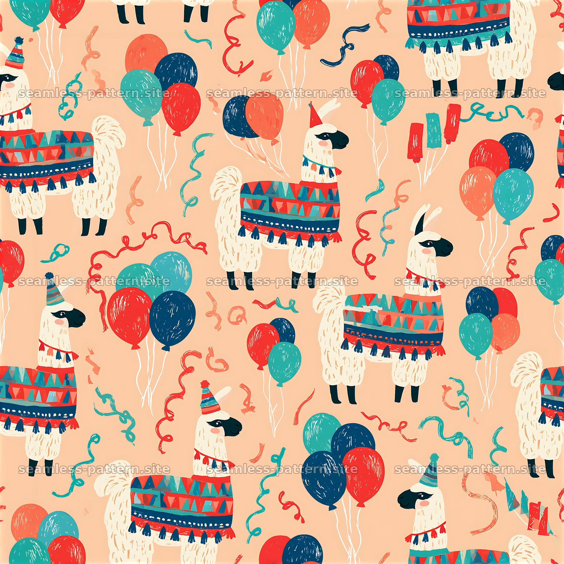 Birthday llamas seamless pattern with balloons and festive decorations — seamless tileable pattern at 8192x8192