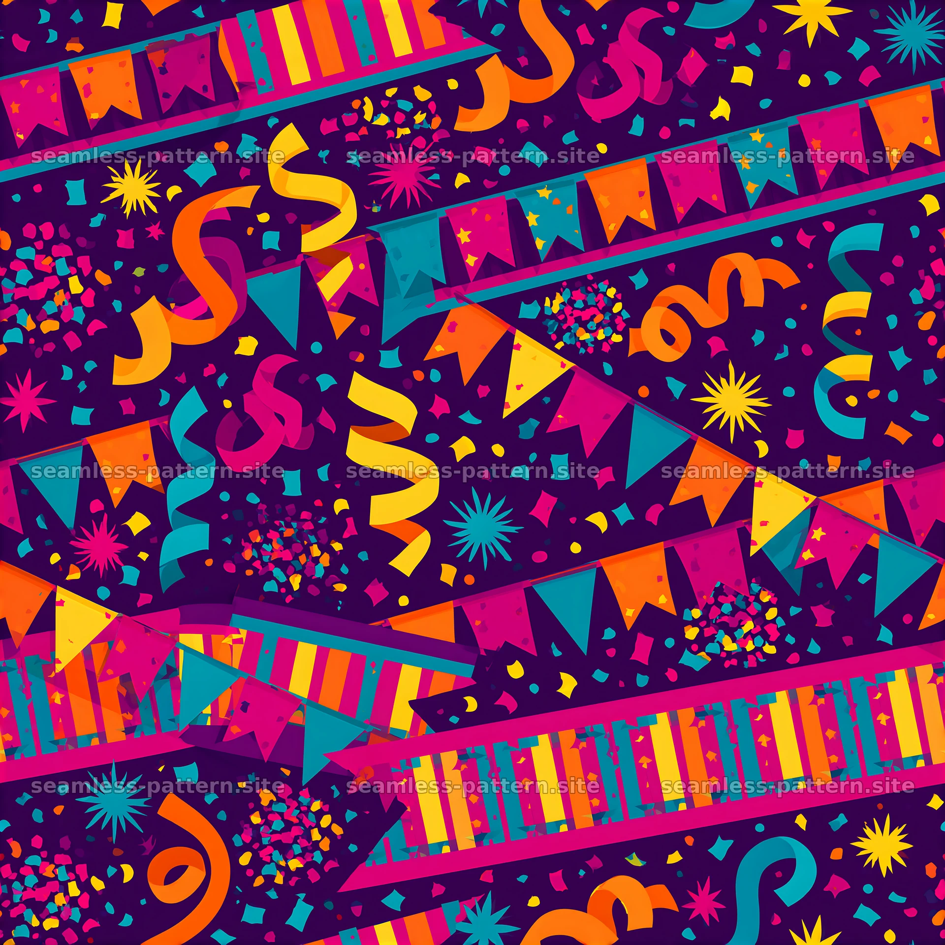 Colorful party elements with confetti and banners in vibrant layout — seamless tileable pattern at 8192x8192