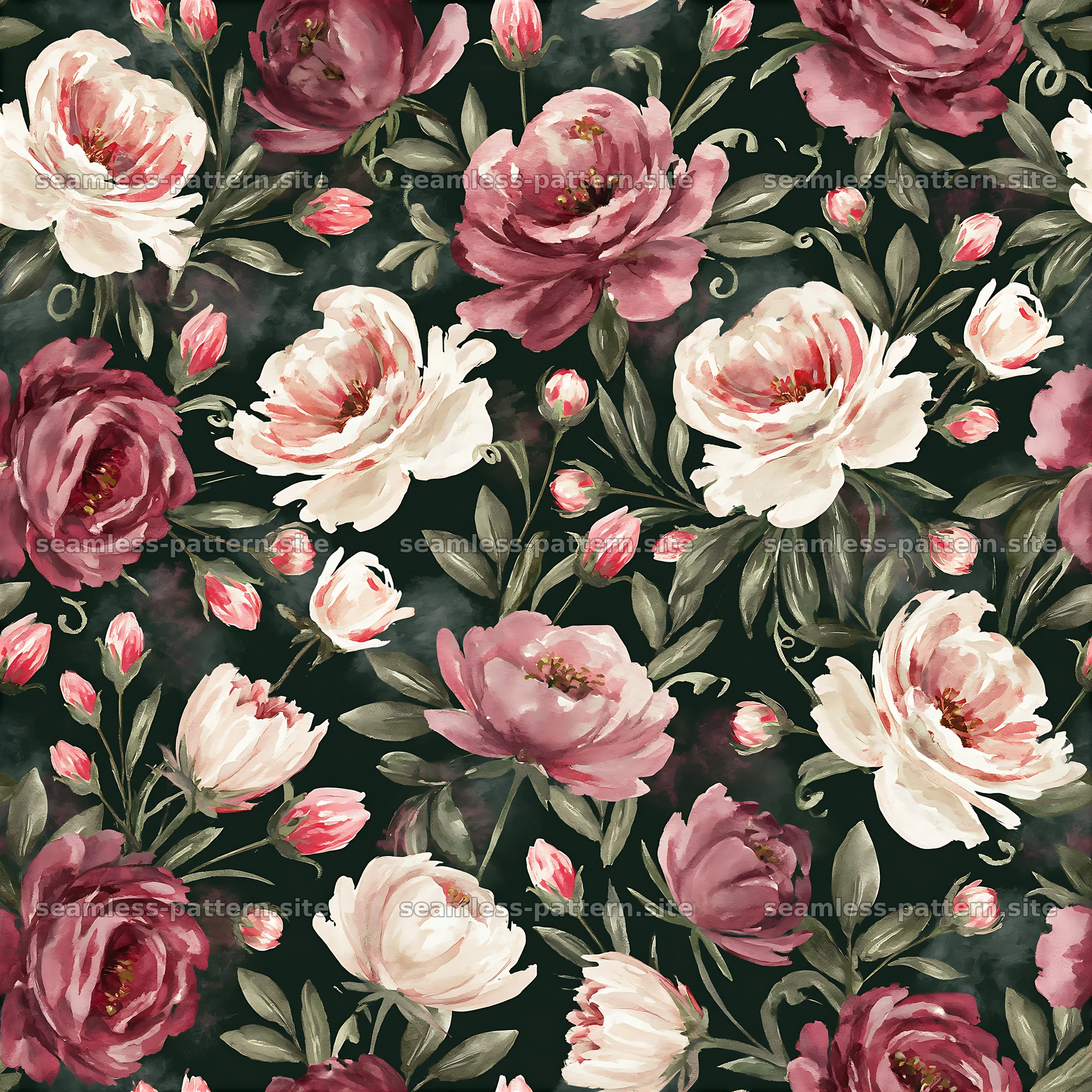 Watercolor floral repeat pattern with roses and buds — seamless tileable pattern at 8192x8192