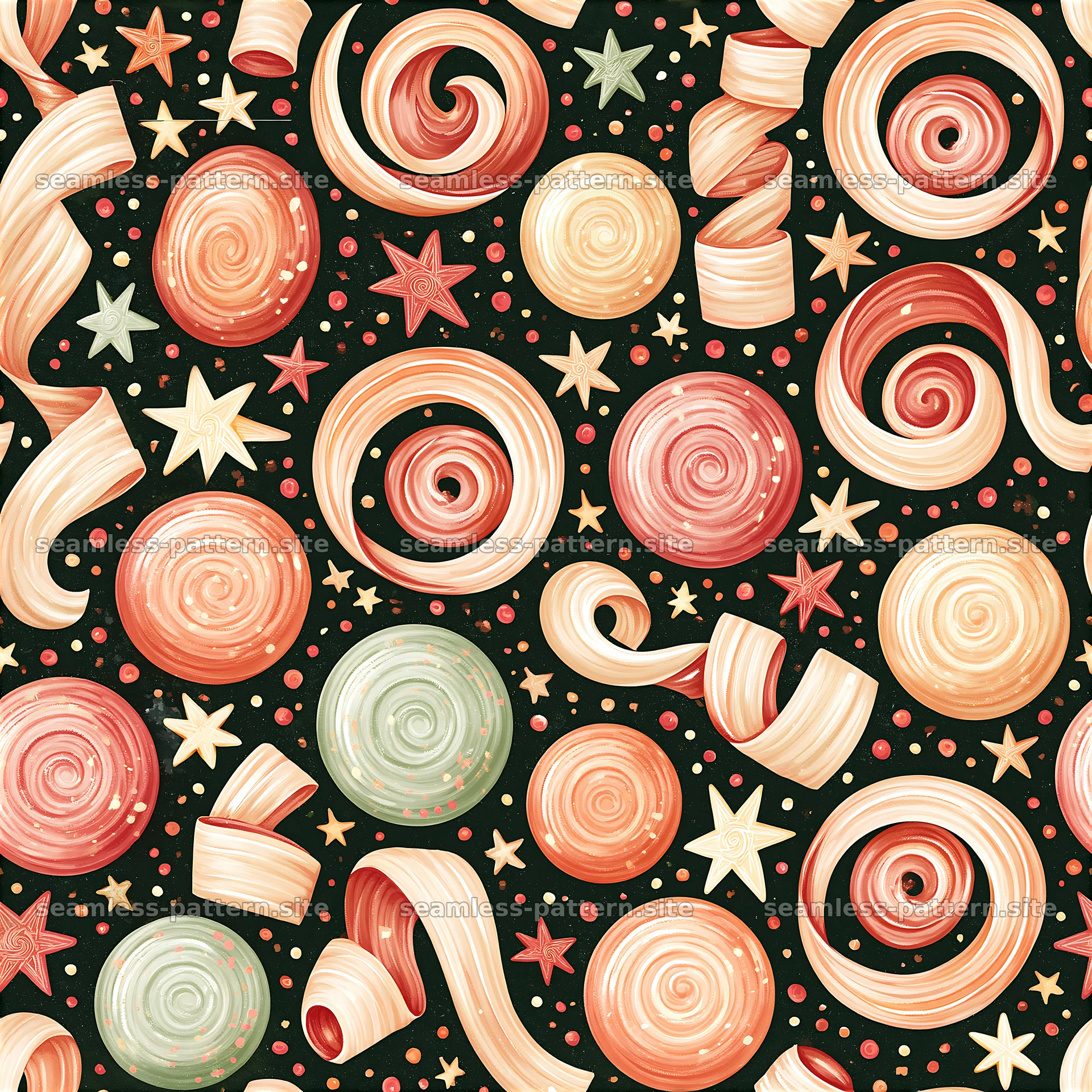 Colorful swirls and stars on dark background for festive designs — seamless tileable pattern at 8192x8192