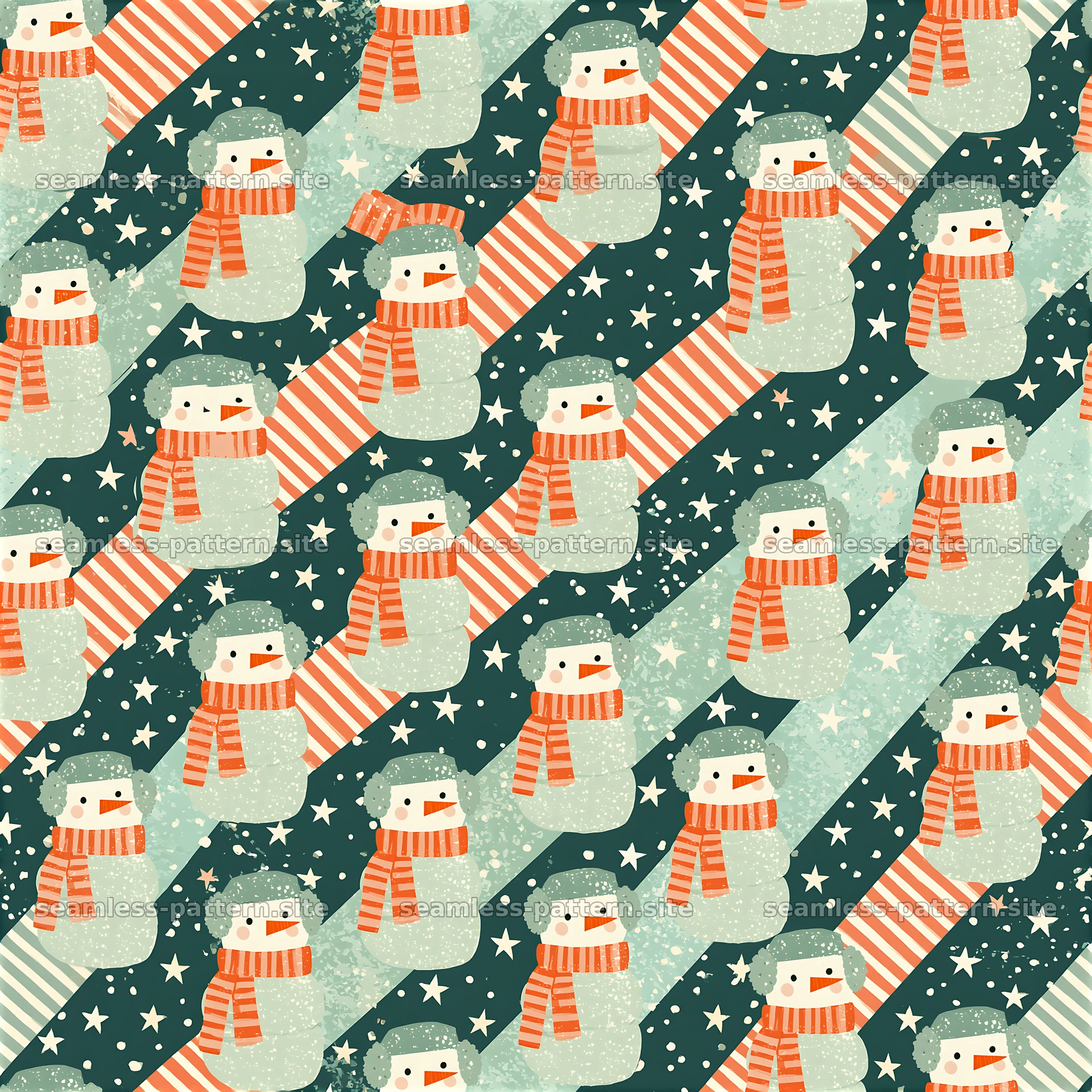 Cute snowmen and stars diagonal seamless pattern — seamless tileable pattern at 8192x8192