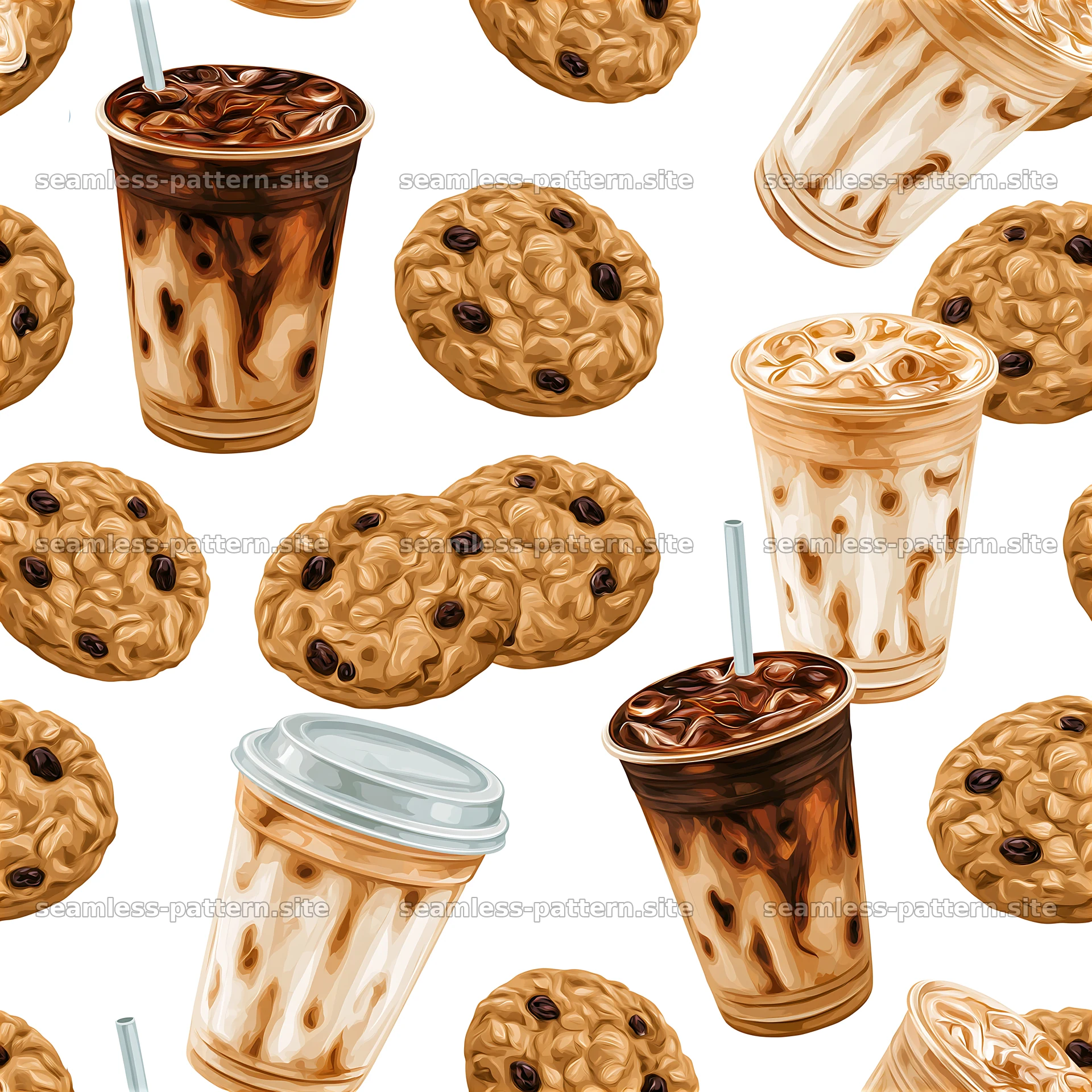Seamless pattern of coffee cups and cookies on white background — seamless tileable pattern at 8192x8192