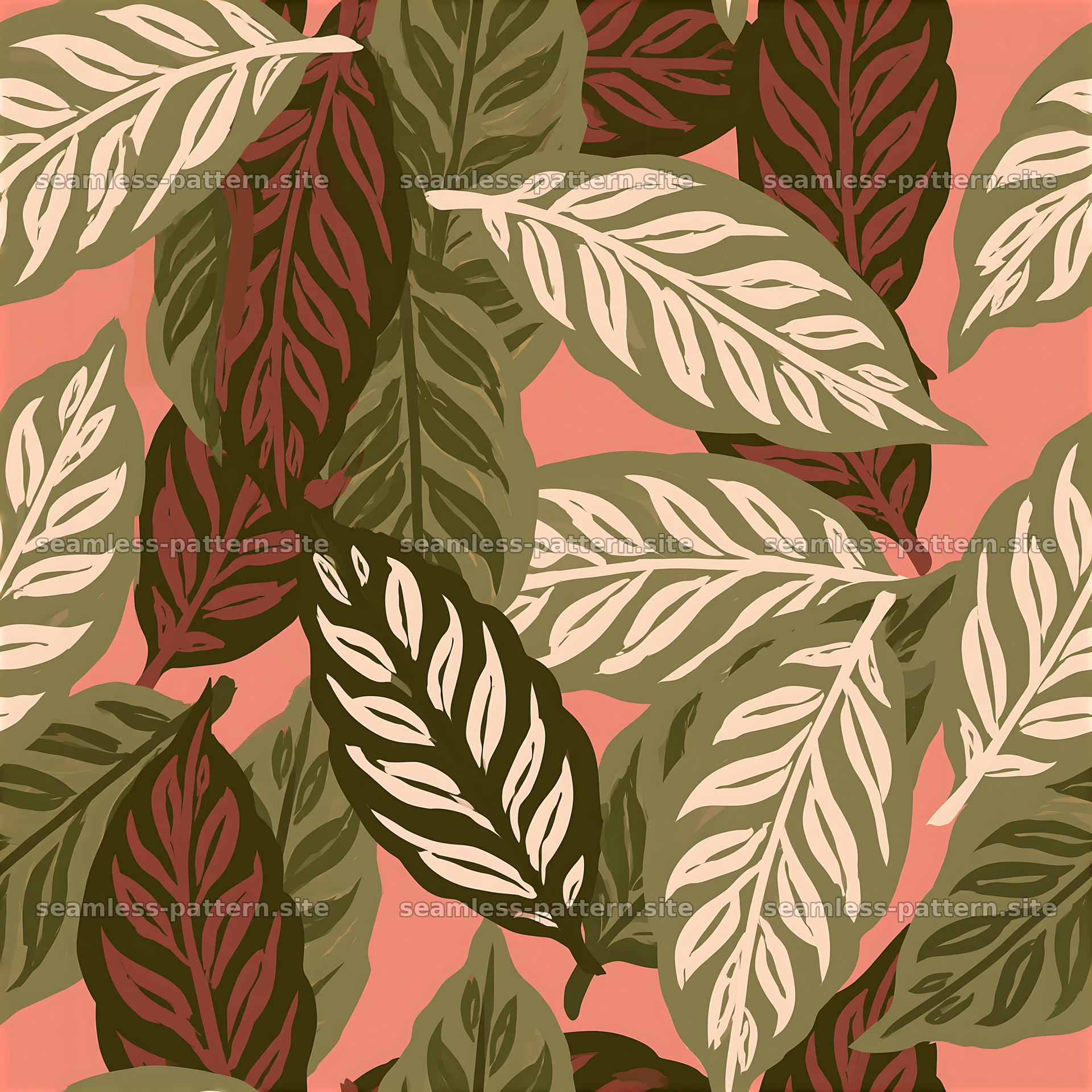 Seamless coffee minimalist pattern with leaves on pink background — seamless tileable pattern at 8192x8192