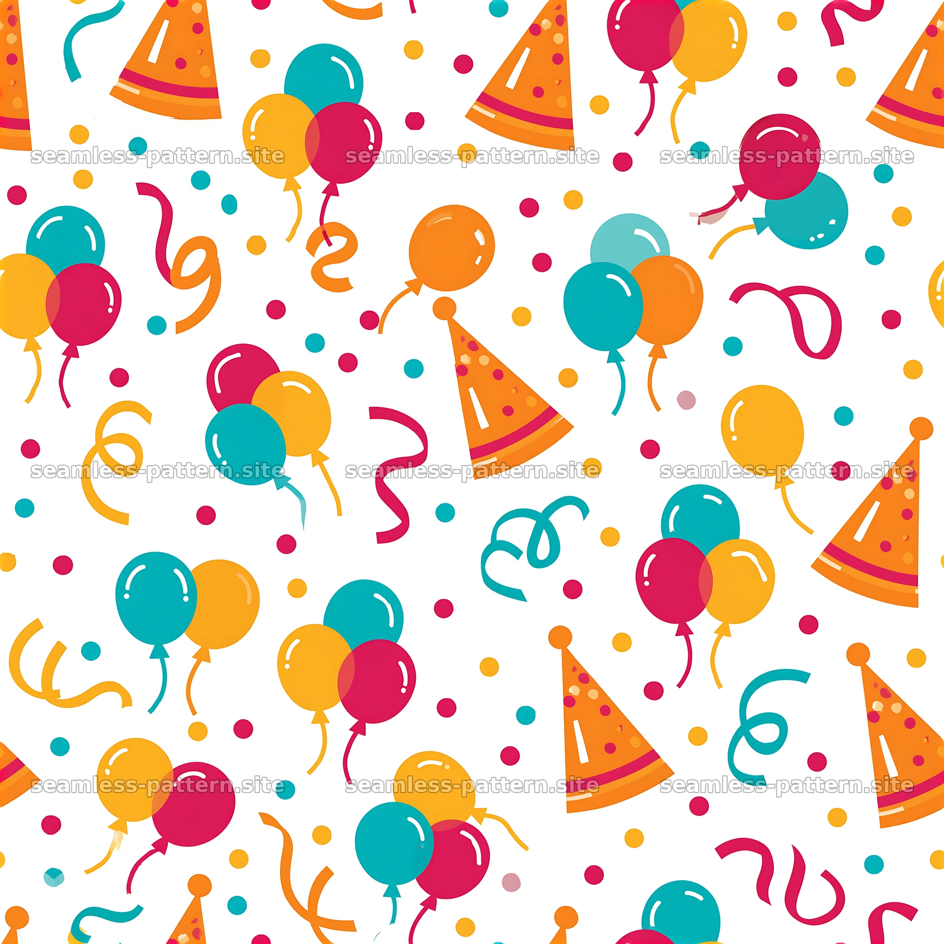 Birthday card tileable pattern with balloons, hats, and confetti — seamless tileable pattern at 8192x8192