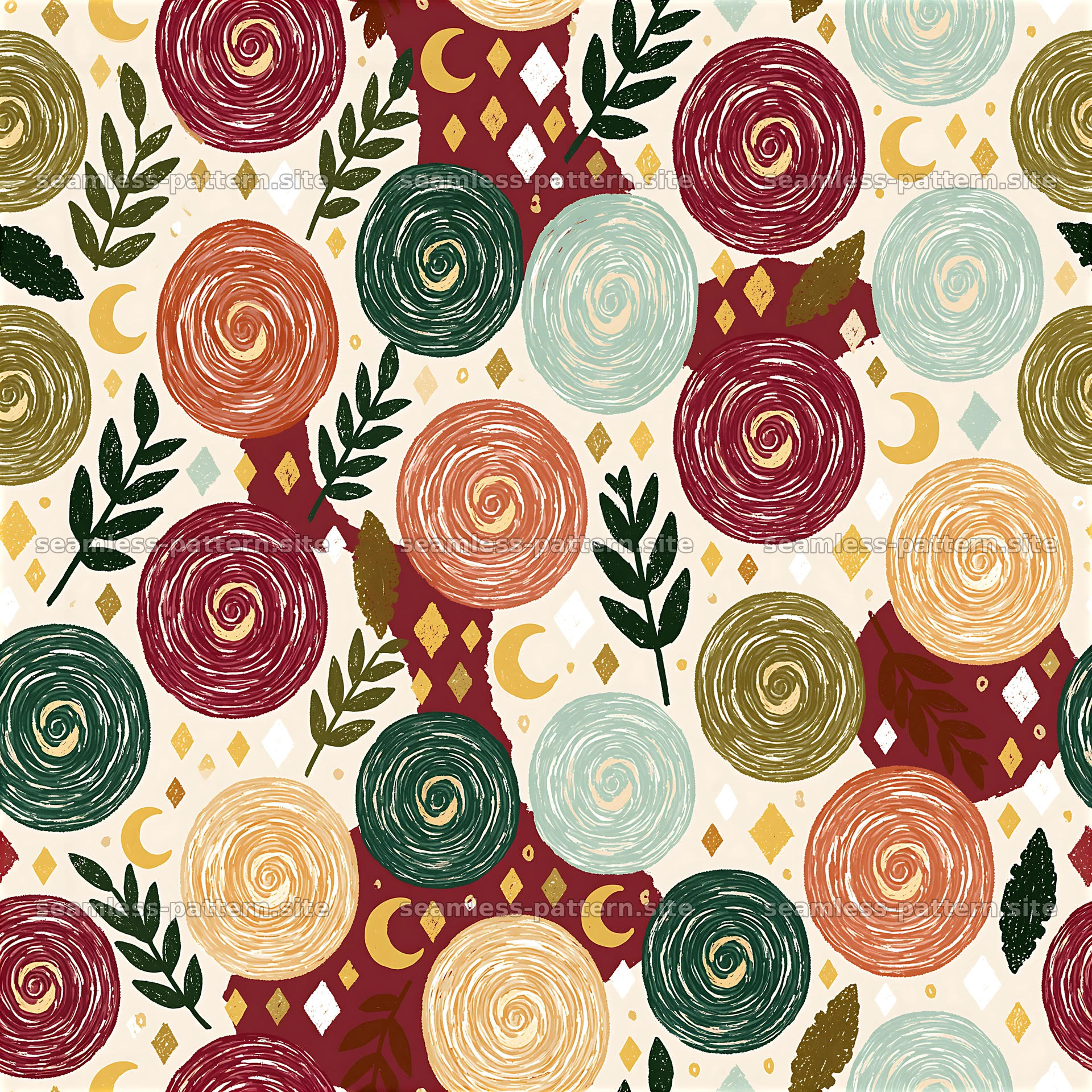 Colorful boho floral spiral seamless pattern — seamless tileable pattern at 8192x8192