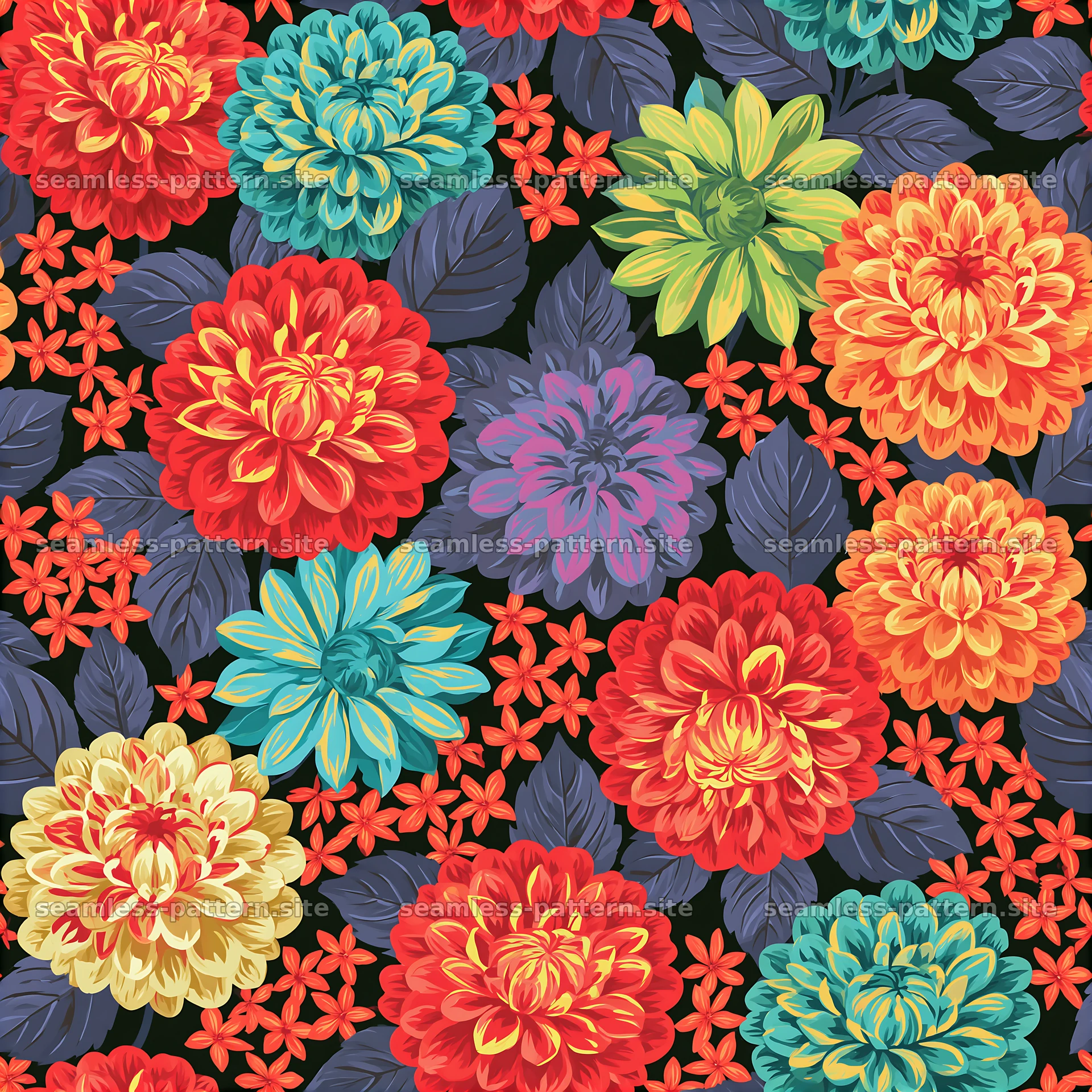 Rainbow floral repeat pattern with colorful flowers and leaves — seamless tileable pattern at 8192x8192