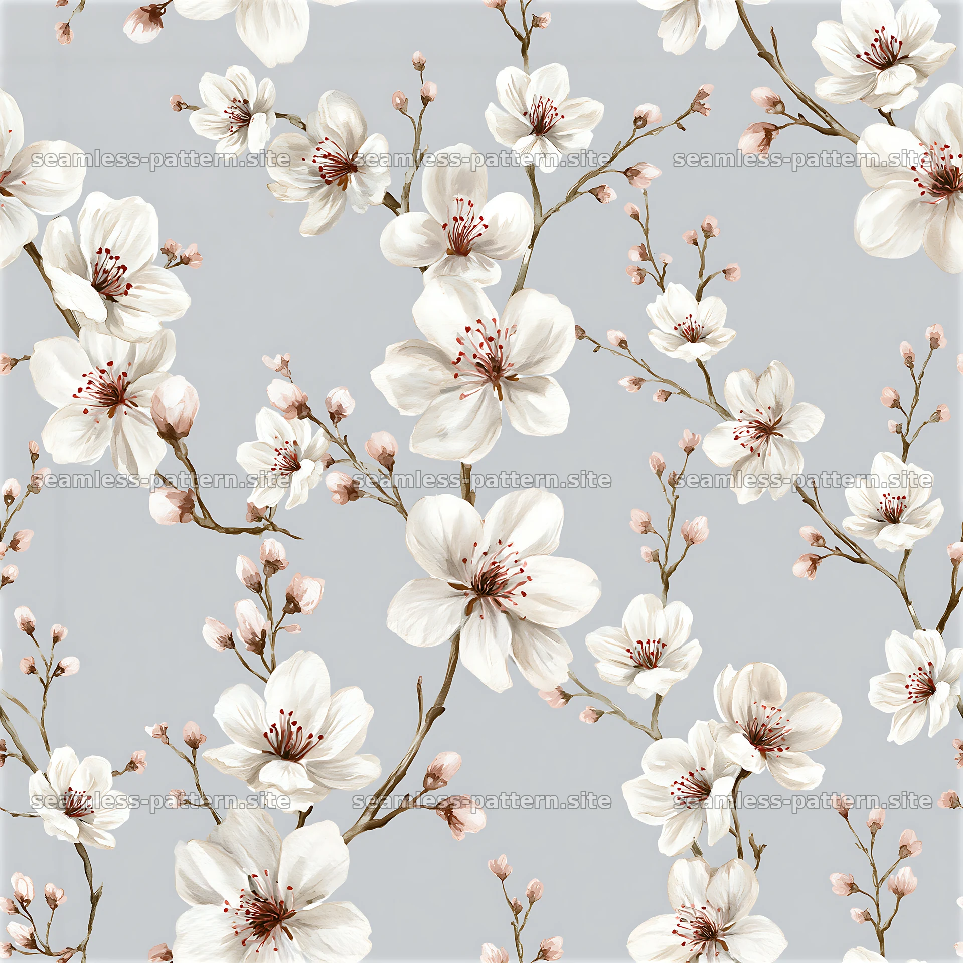 Seamless watercolor wedding pattern with white flowers on gray background — seamless tileable pattern at 8192x8192
