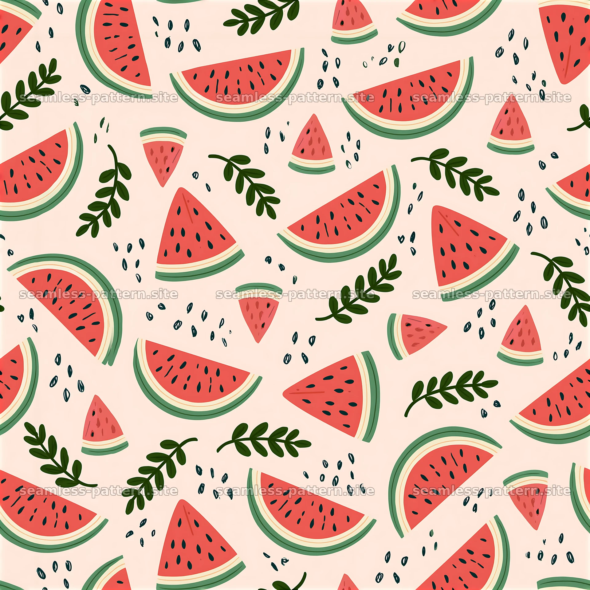 Cute watermelon seamless pattern with slices and seeds on light — seamless tileable pattern at 8192x8192