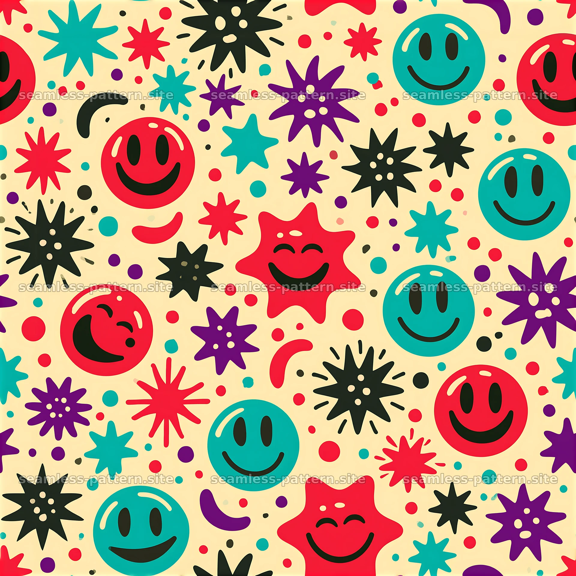 Colorful Smiley Faces and Starburst Seamless Pattern — seamless tileable pattern at 8192x8192