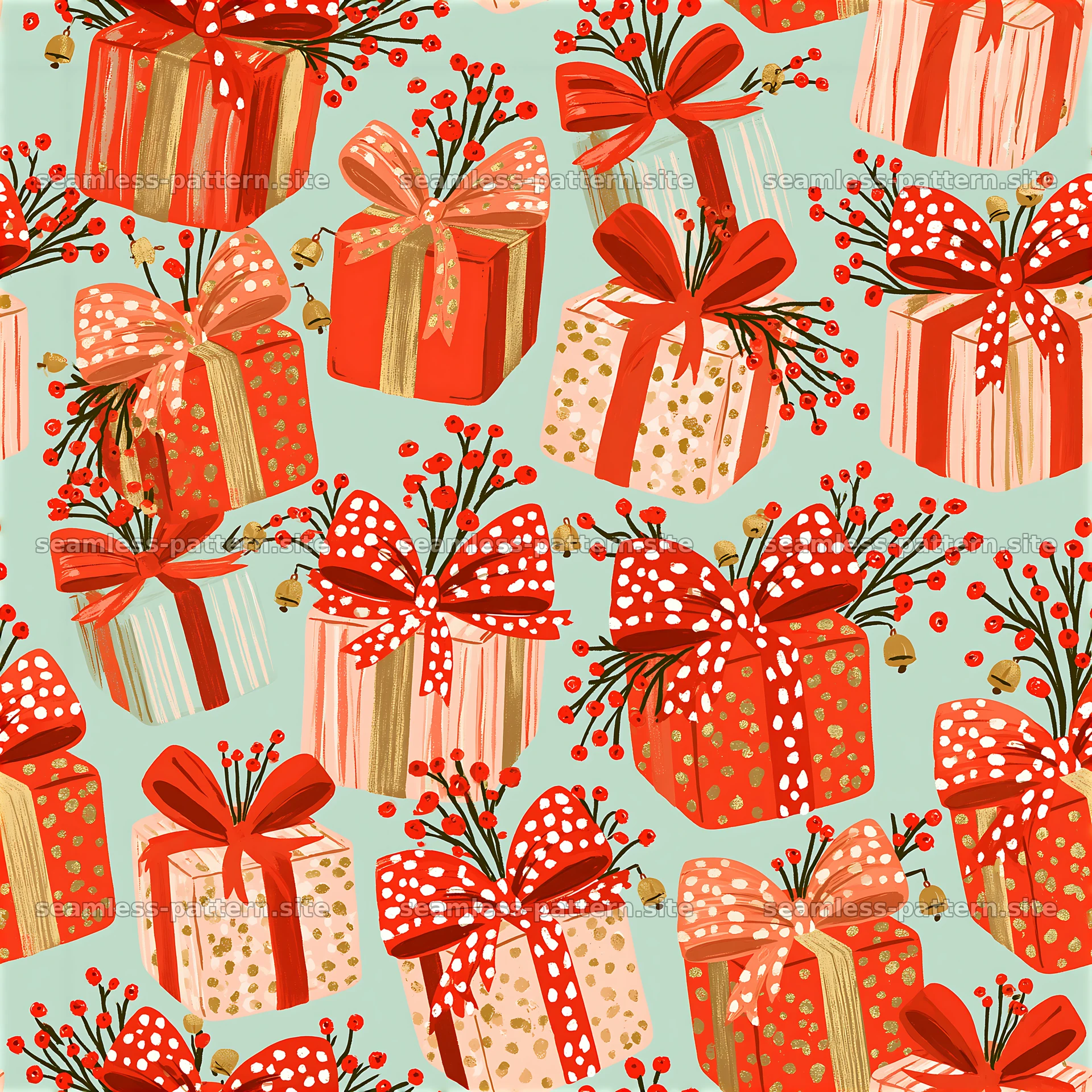 Colorful gift boxes pattern with bows and decorative elements — seamless tileable pattern at 8192x8192