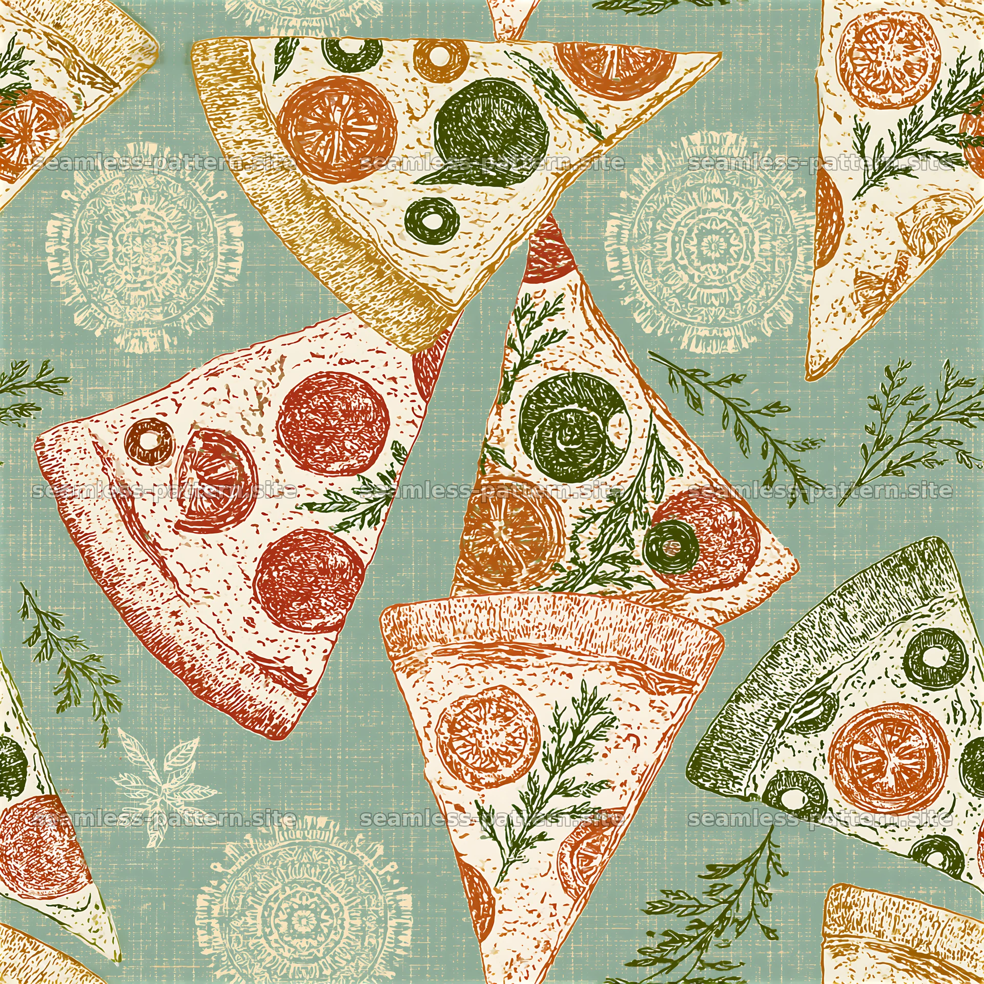 Seamless vintage pizza slice pattern with herbs and vegetables — seamless tileable pattern at 8192x8192