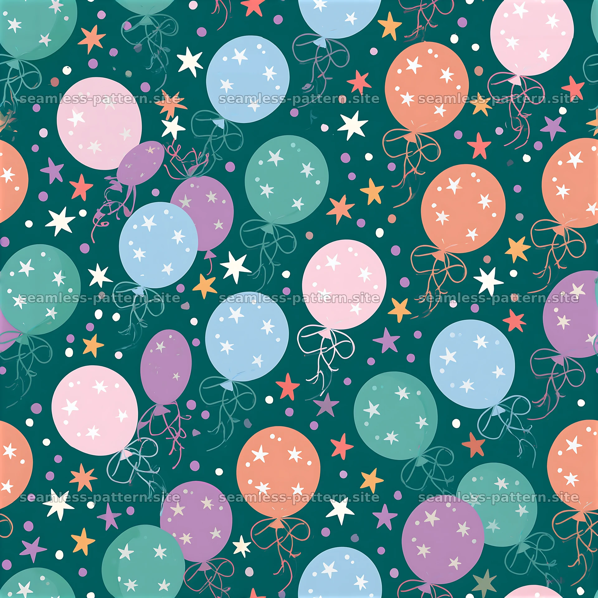 Colorful balloon seamless pattern with stars on a green background — seamless tileable pattern at 8192x8192