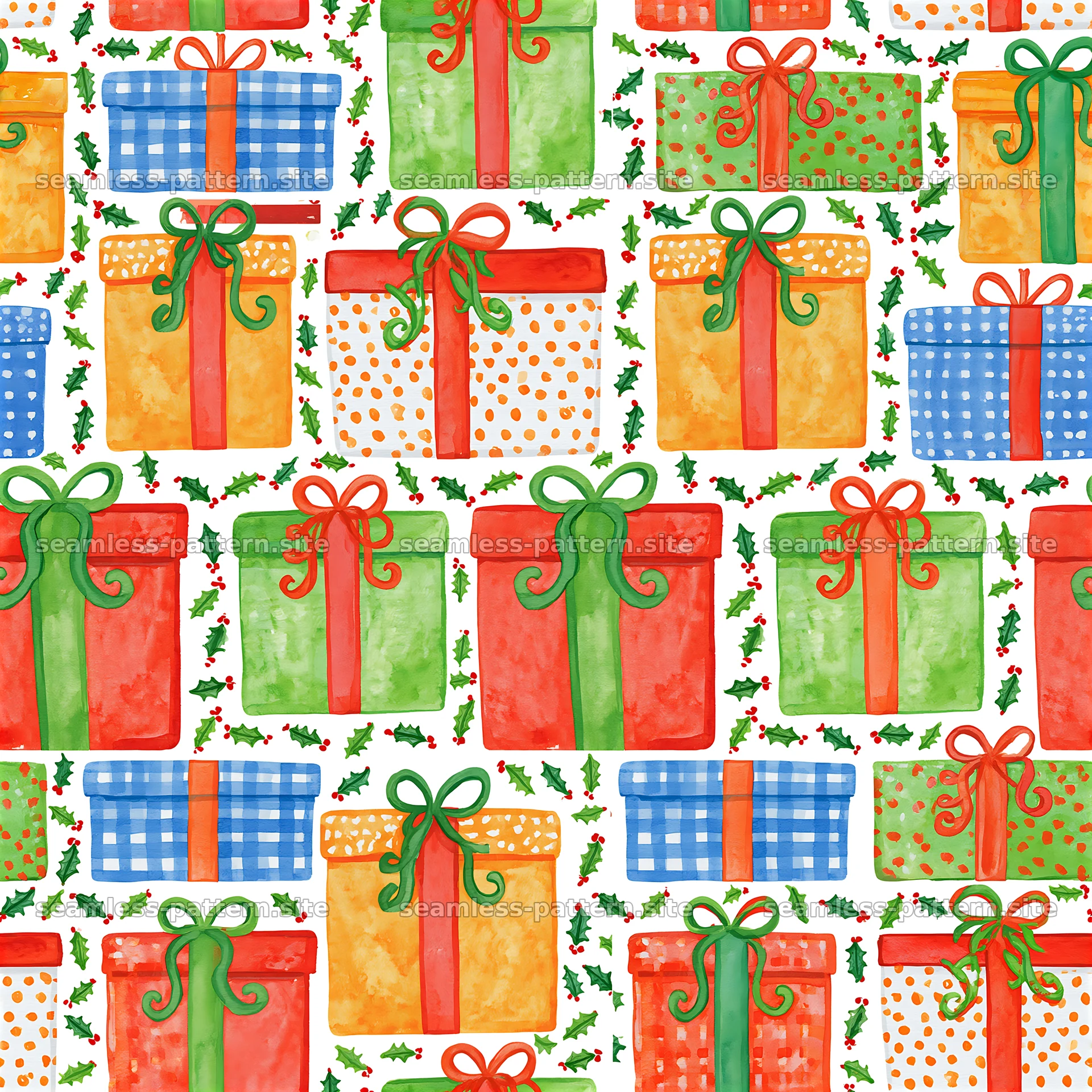 Colorful watercolor Christmas packages in a seamless pattern — seamless tileable pattern at 8192x8192
