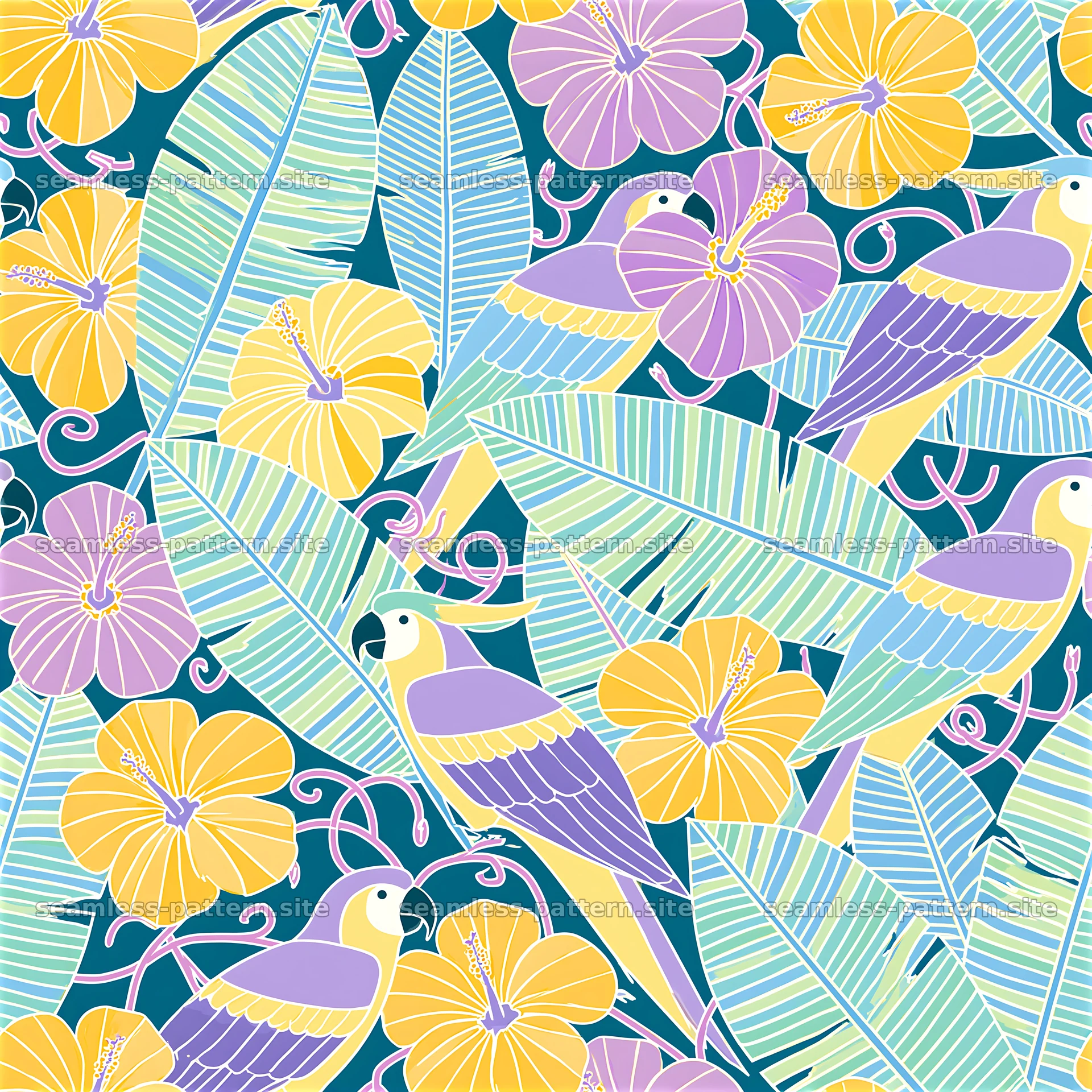 Colorful Tropical Birds, Hibiscus and Leaf Seamless Pattern — seamless tileable pattern at 8192x8192