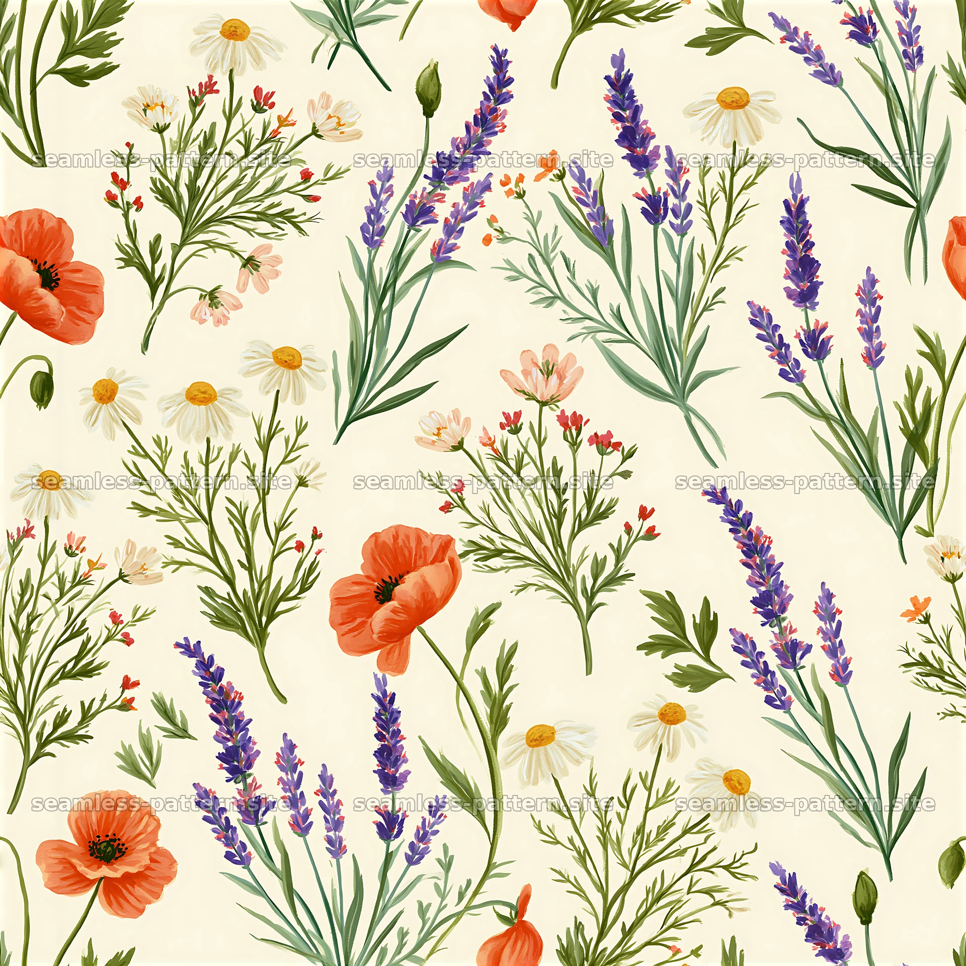 Colorful hand painted seamless pattern of flowers and herbs — seamless tileable pattern at 8192x8192