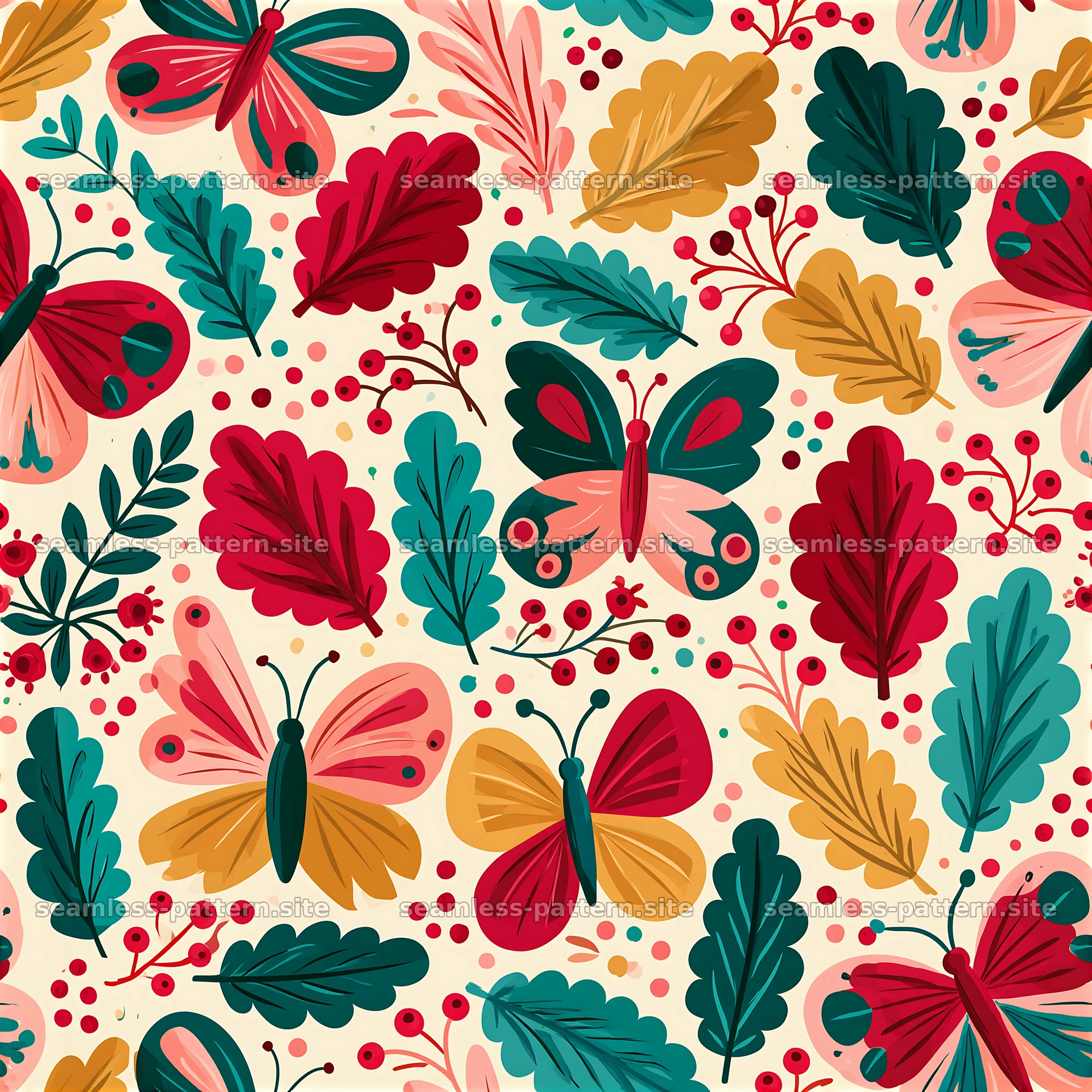 Colorful leaves and butterflies seamless pattern design — seamless tileable pattern at 8192x8192