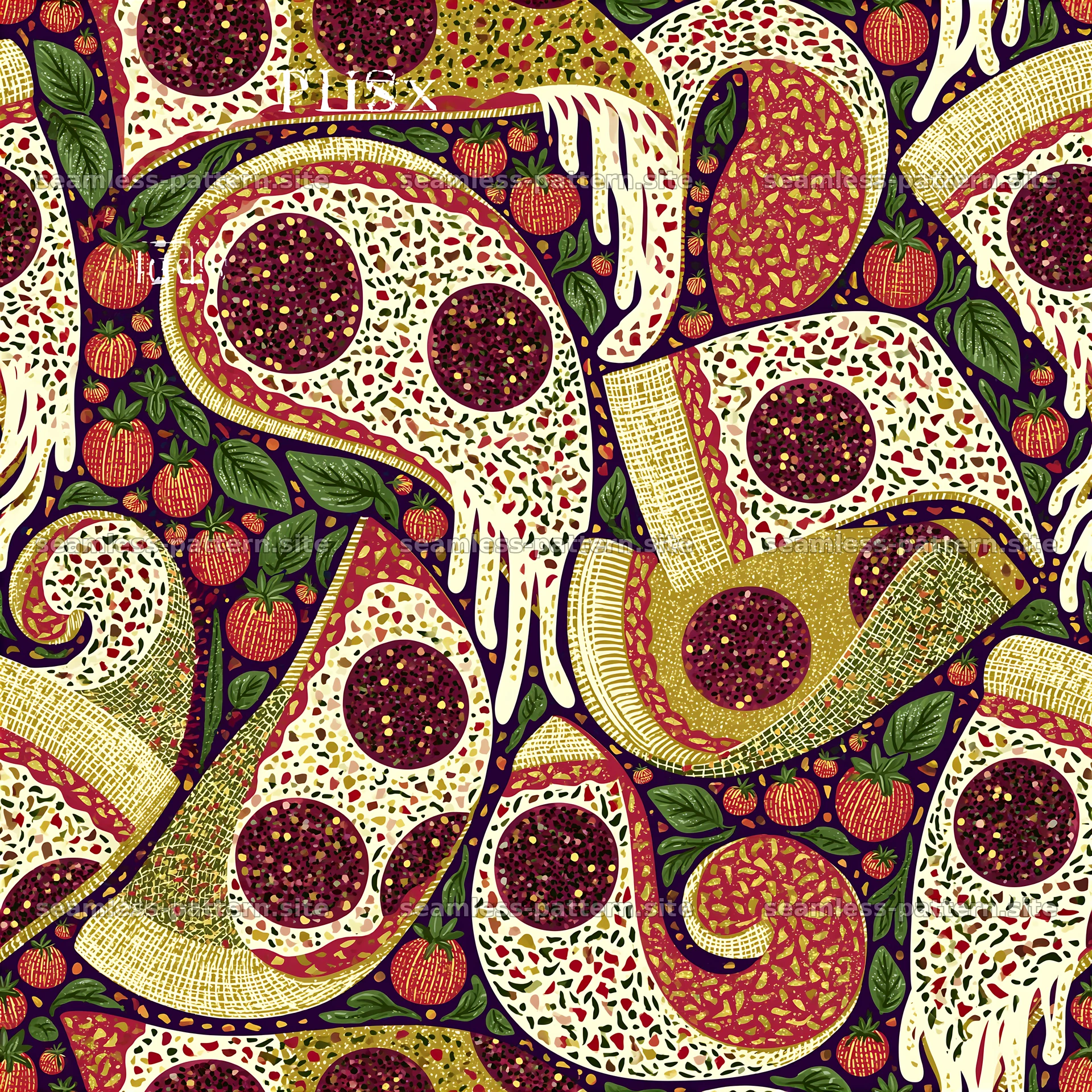 Seamless Flat Illustration Pizza Pattern with Tomatoes and Basil — seamless tileable pattern at 8192x8192
