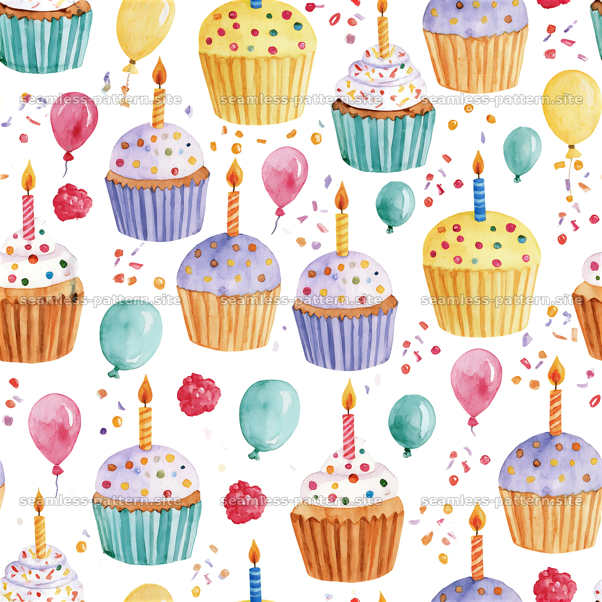 Birthday watercolor seamless pattern of cakes and balloons — seamless tileable pattern at 8192x8192