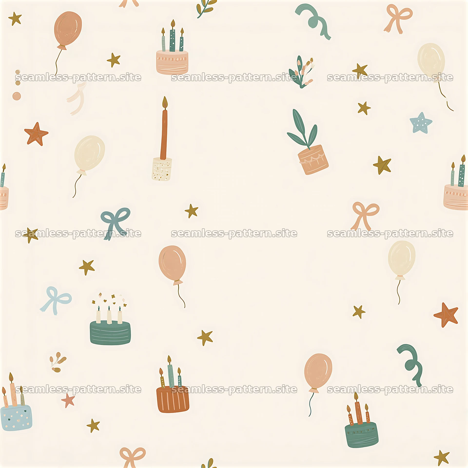 Birthday card tileable pattern with balloons, cakes, and stars — seamless tileable pattern at 8192x8192