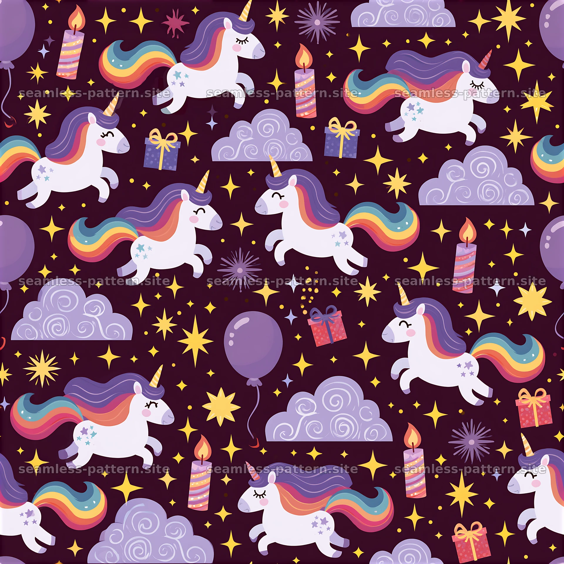 Birthday Unicorns Seamless Pattern with Gifts and Candles — seamless tileable pattern at 8192x8192